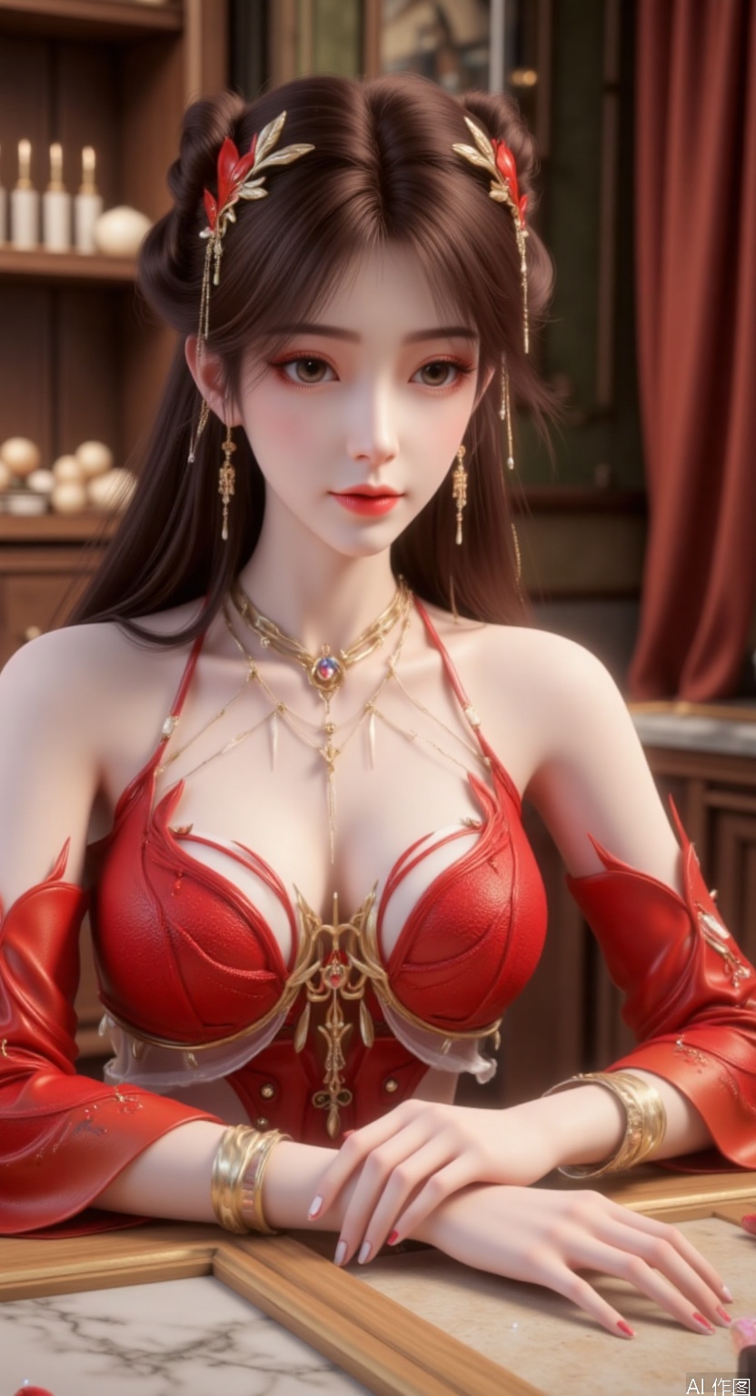 masterpiece,best quality,high quality,A girl with long hair,Wearing a long red dress,Long eyelashes,ear ornament,Sitting at the counter of the nail salon,Hands on the countertop, getting a manicure,,Very nice hands,
