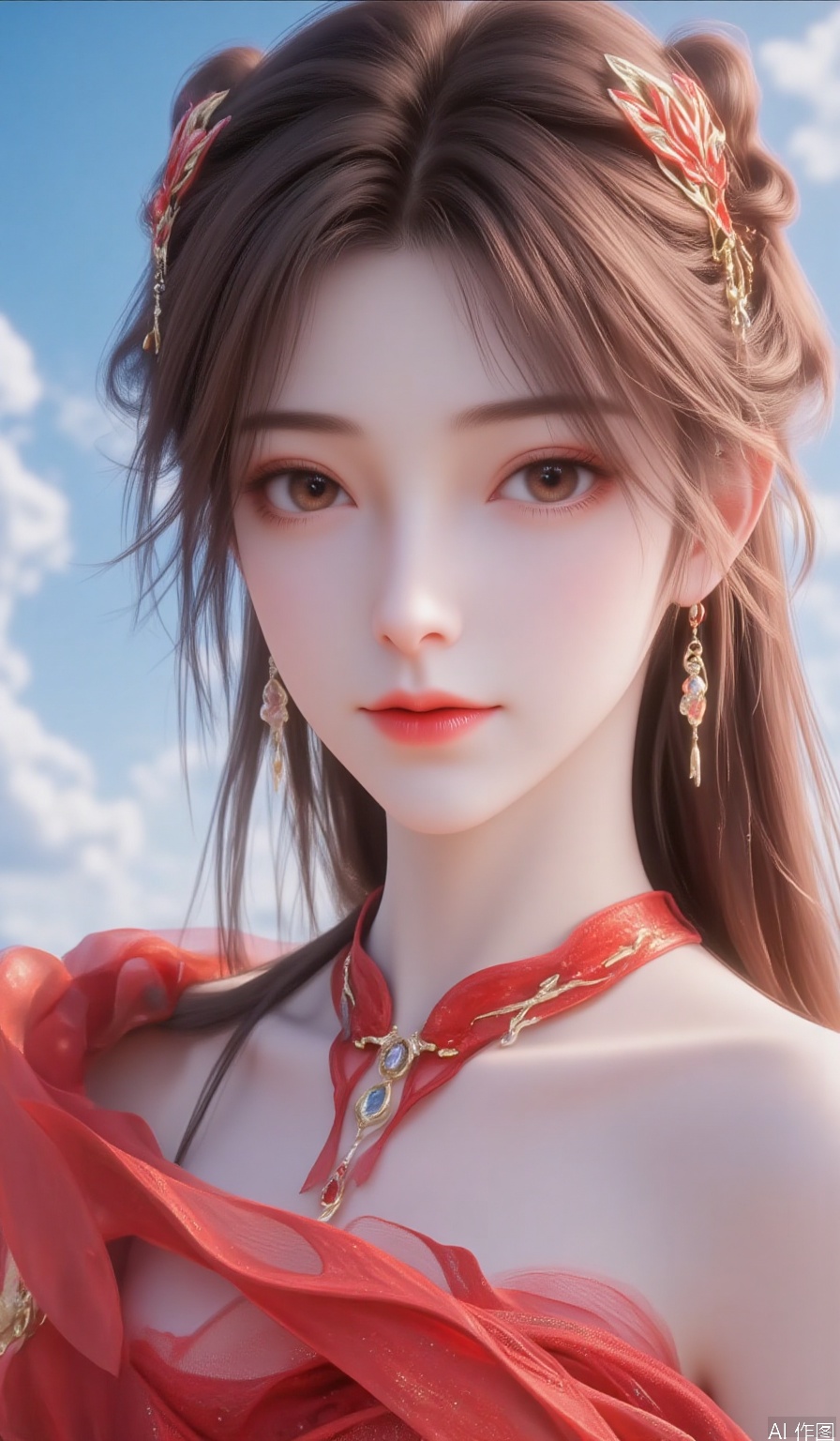 1girl,solo,long hair,looking at viewer,brown hair,hair ornament,dress,bare shoulders,brown eyes,jewelry,upper body,earrings,sky,blue sky,red dress,huolinger,best quality,close-up,Silk tulle-textured clothes,