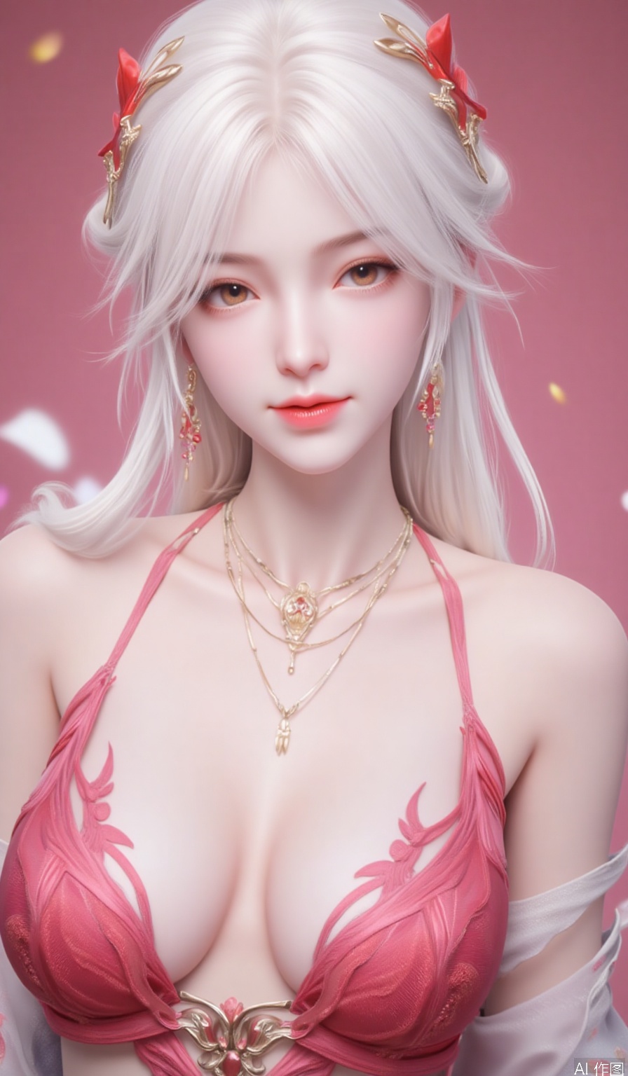 1girl,white hair,long hair,Brown eyes,cleavage,scattered rose petals,solid background,hle