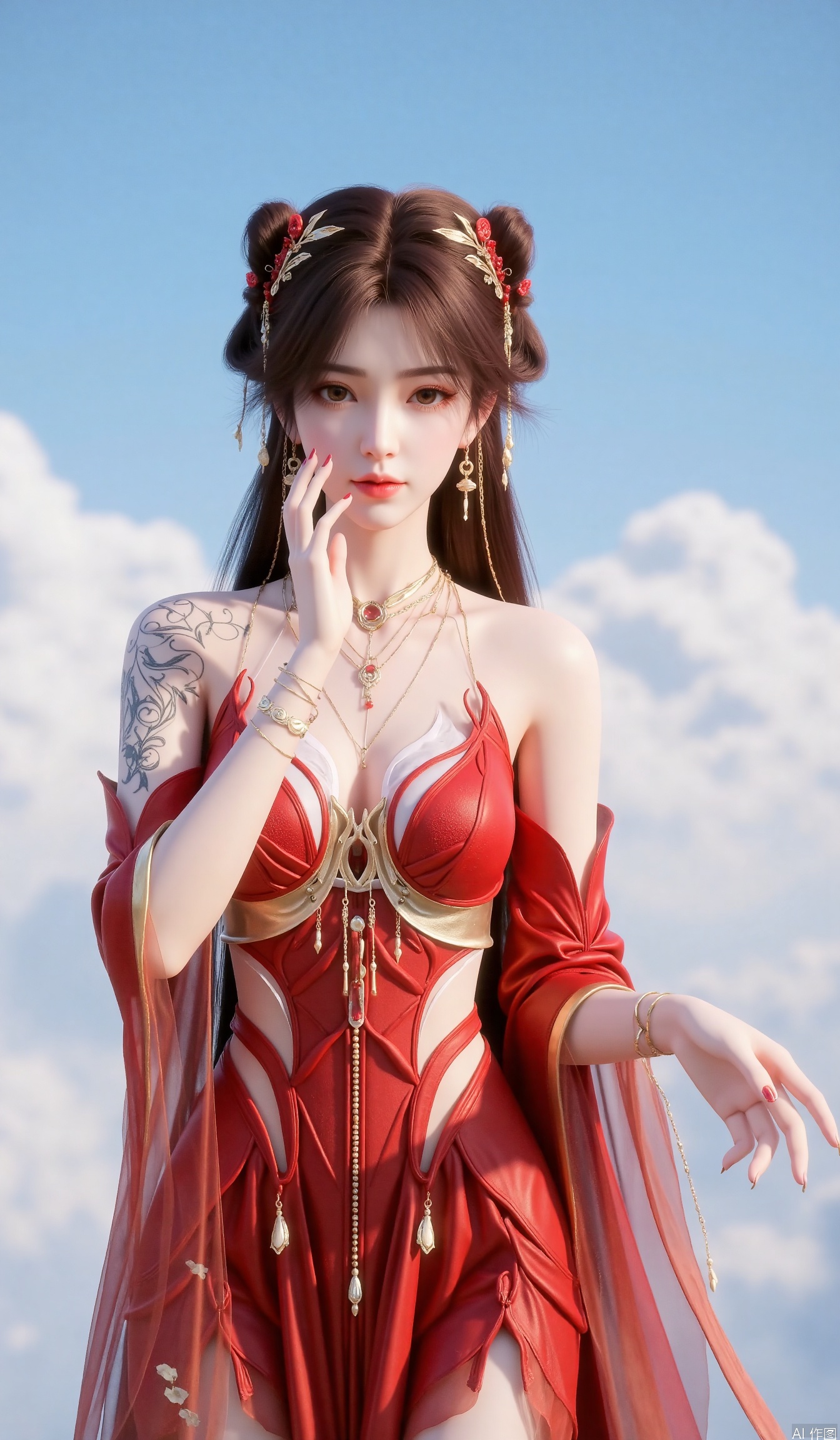 1girl

solo

long hair

looking at viewer

brown hair

hair ornament

dress

bare shoulders

brown eyes

jewelry

upper body

earrings

sky

blue sky

red dress,huolinger,best quality,Fair skinned hands