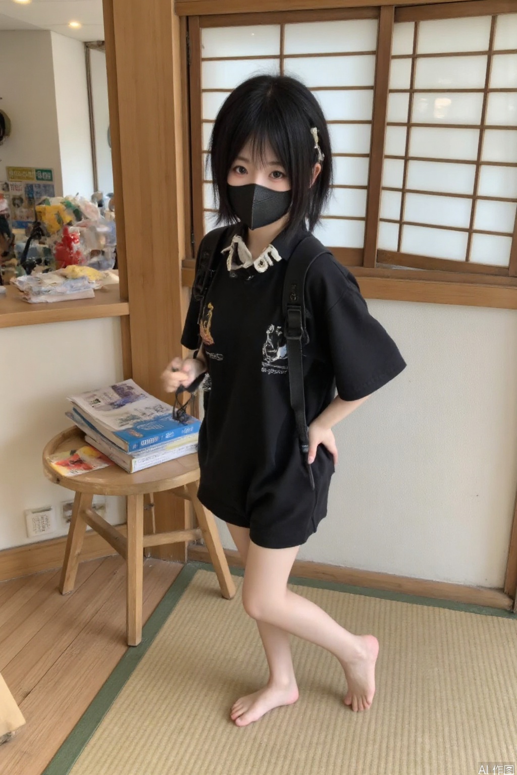 1girl,solo,short hair,looking at viewer,bangs,shirt,black hair,bow,standing,shirt,short sleeves,barefoot,smile,nice foot,indoors,black eyes,cosplay,bare legs,wariza,tatami,a 15-year-old Japanese girl with light makeup,midriff,SFW,black mask,huochi