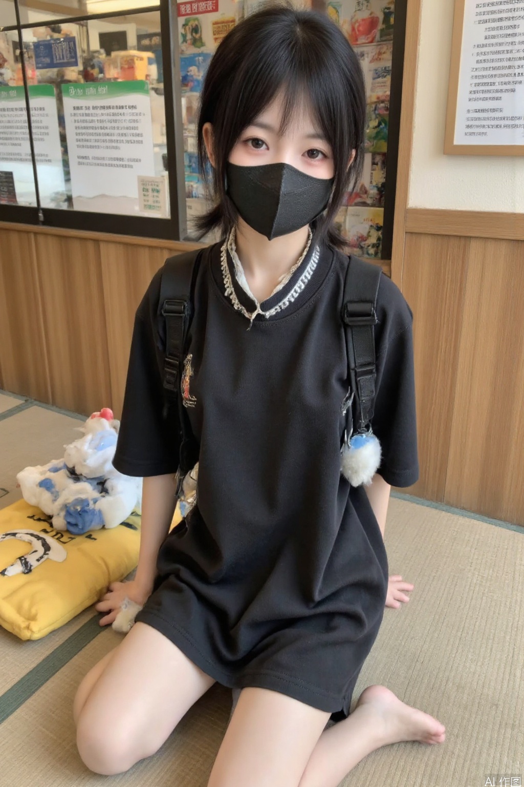 1girl,solo,short hair,looking at viewer,bangs,shirt,black hair,bow,standing,shirt,short sleeves,barefoot,smile,nice foot,indoors,black eyes,cosplay,bare legs,wariza,tatami,a 15-year-old Japanese girl with light makeup,midriff,SFW,black mask,huochi,short ponytail