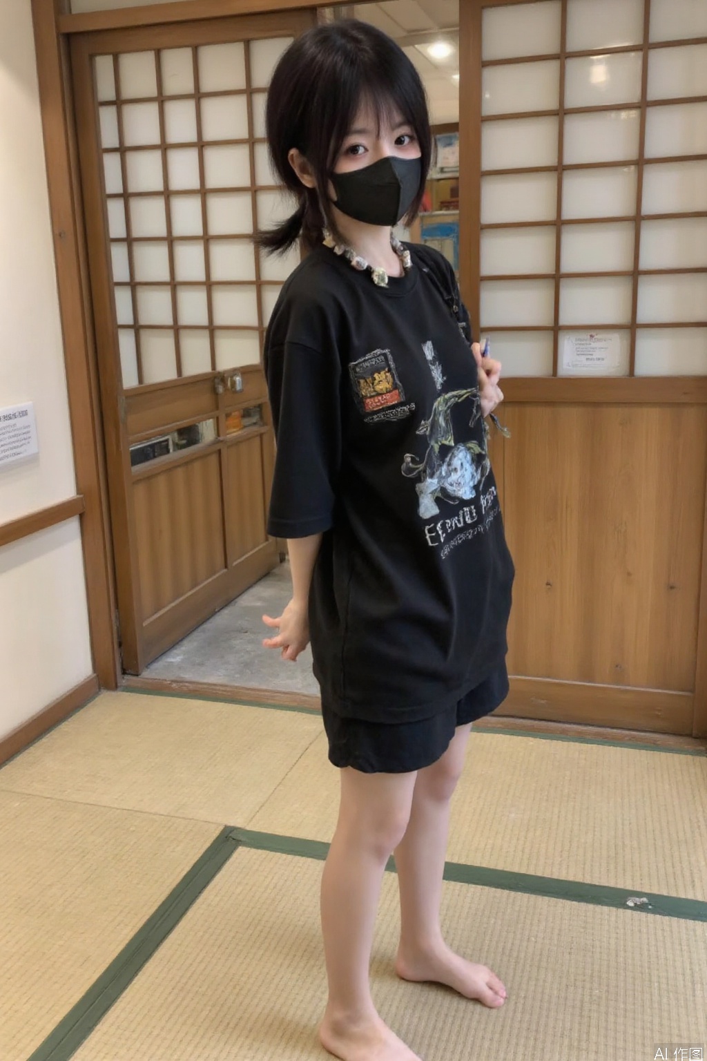 1girl,solo,short hair,looking aside,from side,bangs,shirt,black hair,bow,standing,shirt,short sleeves,barefoot,smile,nice foot,indoors,black eyes,cosplay,bare legs,wariza,tatami,a 15-year-old Japanese girl with light makeup,midriff,SFW,black mask,huochi,short ponytail