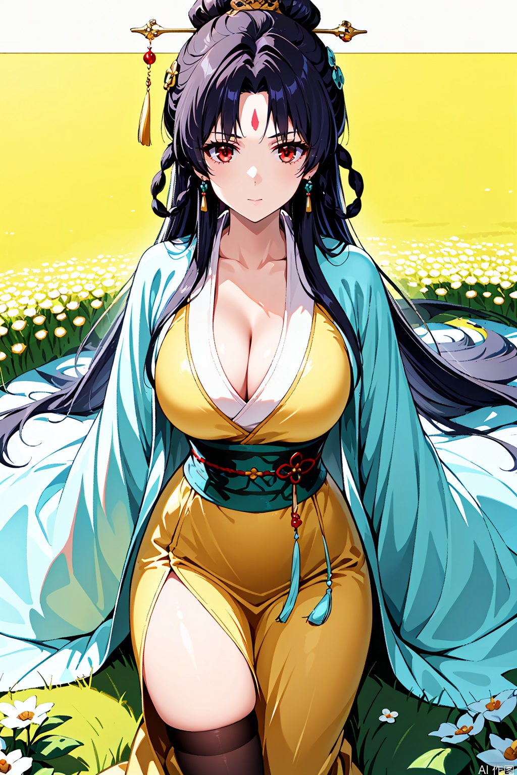 1girl, solo, long hair, breasts, looking at viewer, bangs, large breasts, black hair, hair ornament, red eyes, cleavage,   
 wide sleeves, parted bangs, sash, facial mark, chinese clothes,  hanfu,Thigh exposed,thighhighs,looking at viewer,flower field,