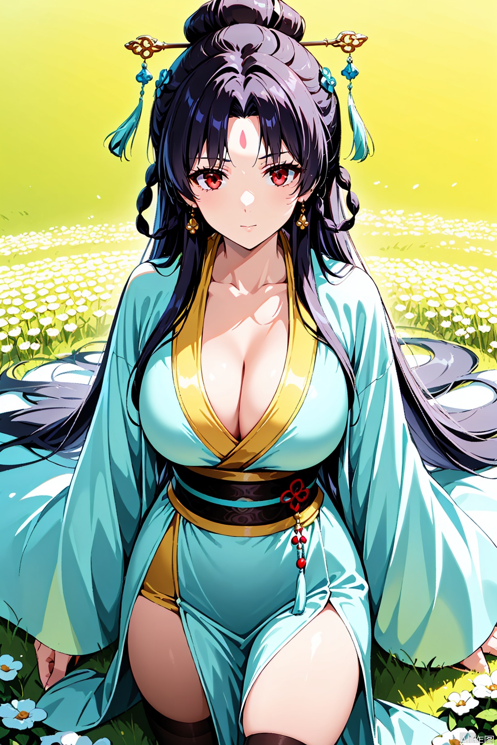 1girl, solo, long hair, breasts, looking at viewer, bangs, large breasts, black hair, hair ornament, red eyes, cleavage,   
 wide sleeves, parted bangs, sash, facial mark, chinese clothes,  hanfu,Thigh exposed,thighhighs,looking at viewer,flower field,