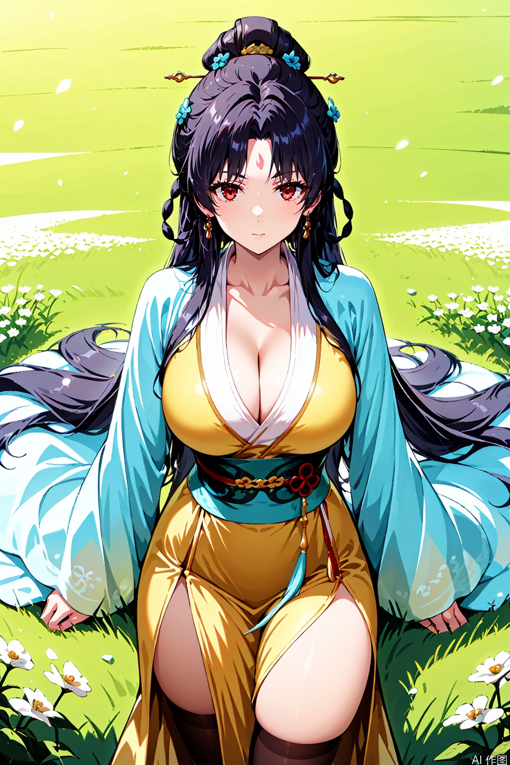 1girl, solo, long hair, breasts, looking at viewer, bangs, large breasts, black hair, hair ornament, red eyes, cleavage,   
 wide sleeves, parted bangs, sash, facial mark, chinese clothes,  hanfu,Thigh exposed,thighhighs,looking at viewer,flower field,