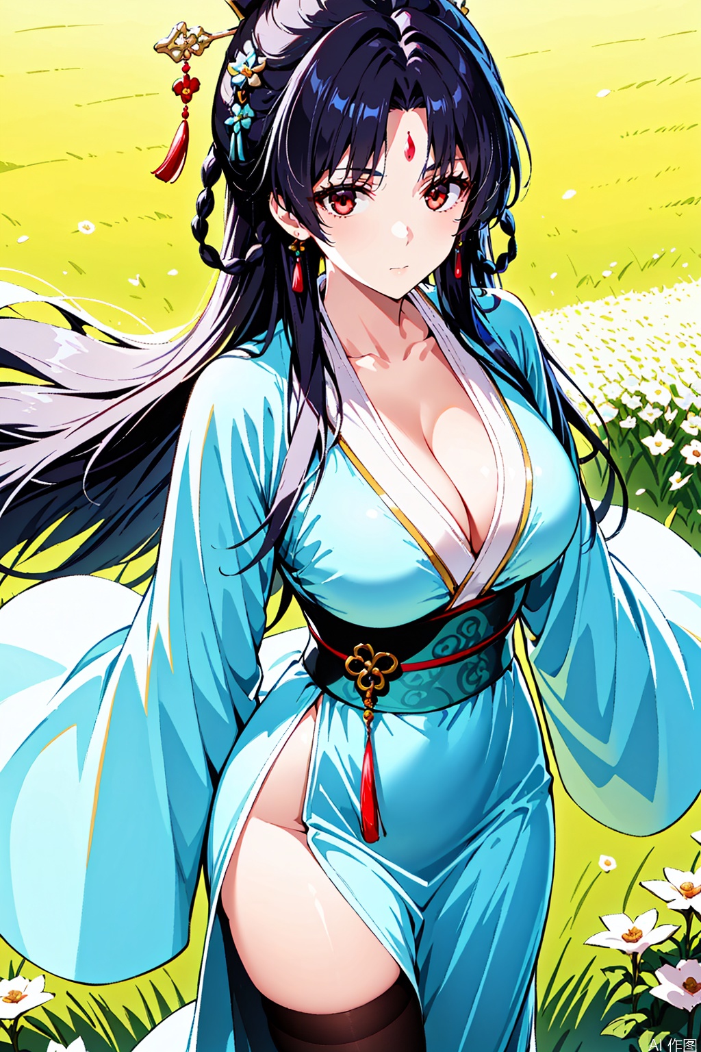 1girl, solo, long hair, breasts, looking at viewer, bangs, large breasts, black hair, hair ornament, red eyes, cleavage,   
 wide sleeves, parted bangs, sash, facial mark, chinese clothes,  hanfu,Thigh exposed,thighhighs,looking at viewer,flower field,