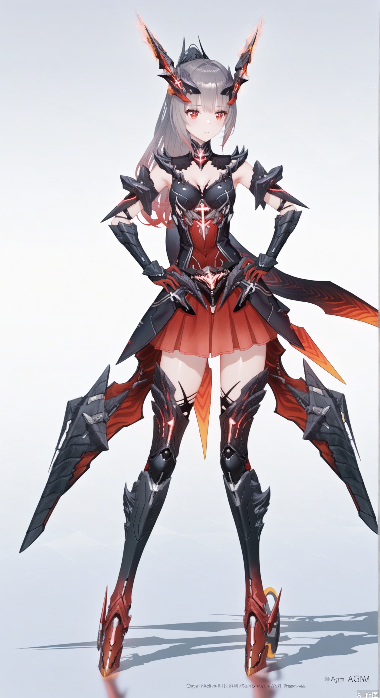  1girl,nanami, solo, long hair,horns,cross shaped pupils,ponytail,breasts, bangs, skirt, red eyes, thighhighs, gloves, grey hair, armor, gradient, red skirt, headgear, mecha musume,boots,armored boots,hands on hips,full body,
masterpiece,best quality,((artist:reoen),(artist:fuzichoco),(artist:atdan),(artist:torino_aqua:0.5),year 2024:0.5),(artist:omone_hokoma_agm:0.8),jijia, 2d, anime,