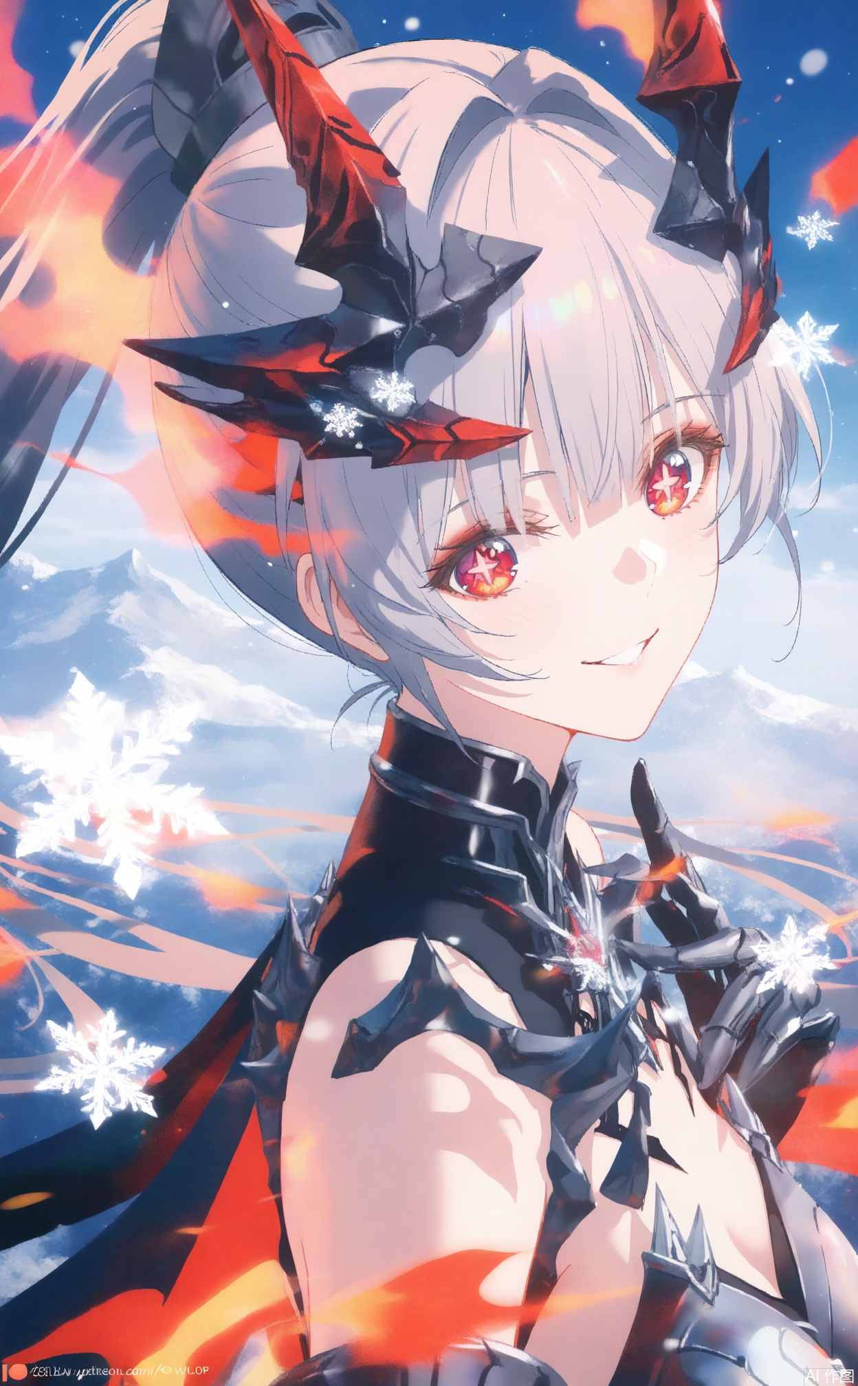 1girl,nanami,solo, long hair,horns,cross shaped pupils,ponytail,breasts, bangs, red eyes, grey hair, armor,  headgear,upper body, naughty smile,snowflakes, (Tyndall Effect 1.4), (wlop:0.8),((artist:reoen),(artist:fuzichoco),(artist:atdan),(artist:torino_aqua),year 2024:0.8),[artist:wlop],[artist:ningen_mame],artist:ciloranko,[[artist:rhasta]],artist:tidsean,colorful,best quality,very aesthetic,absurdres,32K UHD,sharp focus,best-quality,Emotionalization,temperate atmosphere,with a high-end texture,in the style of fashion photography,Dynamic, dynamic force picture, (Visual impact:1.2),impactful picture,offcial art,