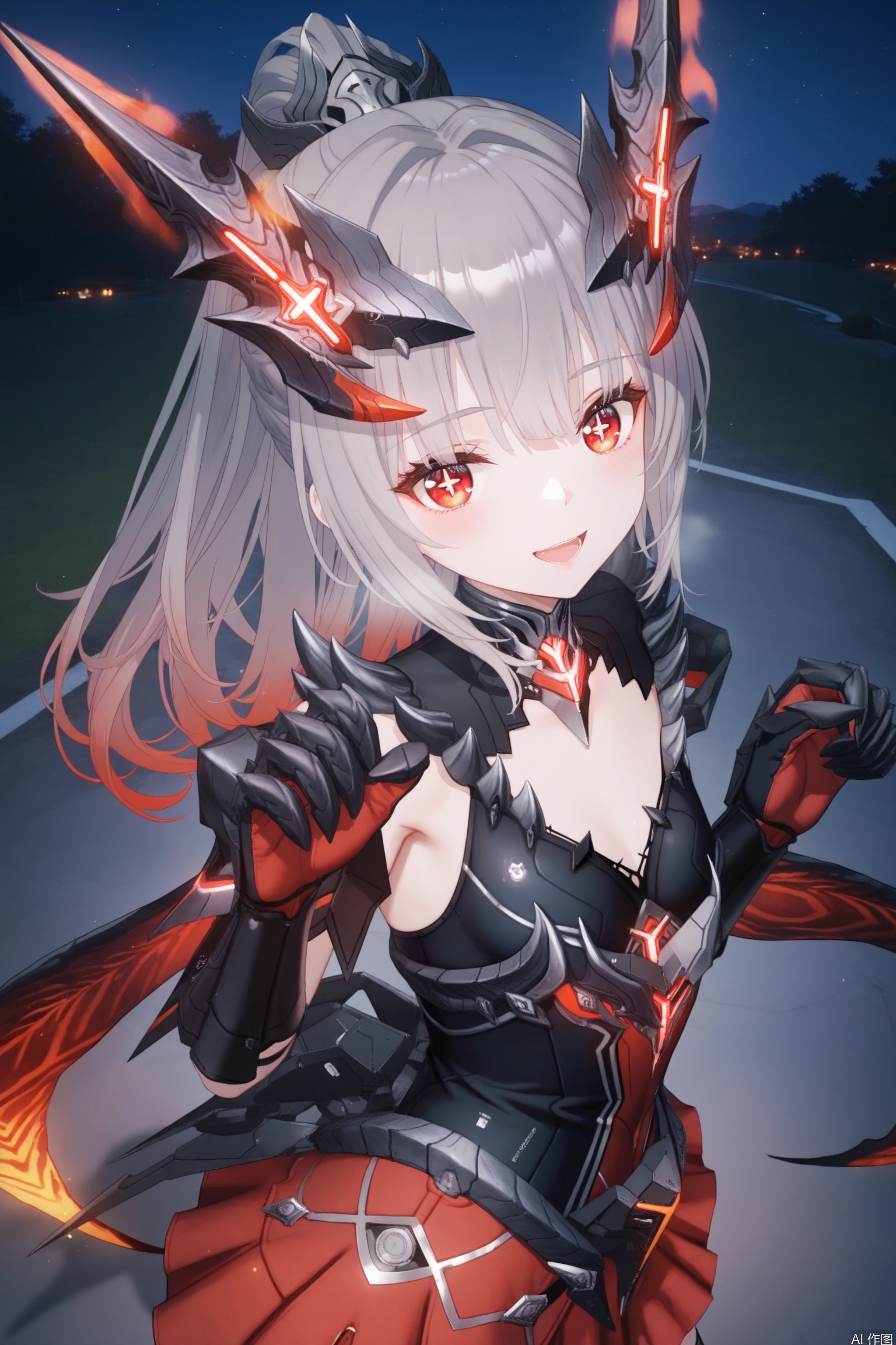  1girl,nanami,loli, solo, long hair, breasts,ponytail,horns, looking at viewer, bangs, skirt, red eyes, thighhighs, gloves, grey hair, armor, red skirt, headgear, mecha musume,paw pose,upper body,nanami,outdoors,night,cross shaped pupils,from above,naughty smile,cute,open mouth,masterpiece,best quality,((artist:reoen),(artist:fuzichoco),(artist:atdan),(artist:torino_aqua:0.5),year 2024:0.5),(artist:omone_hokoma_agm:0.8),jijia, 2d, anime,