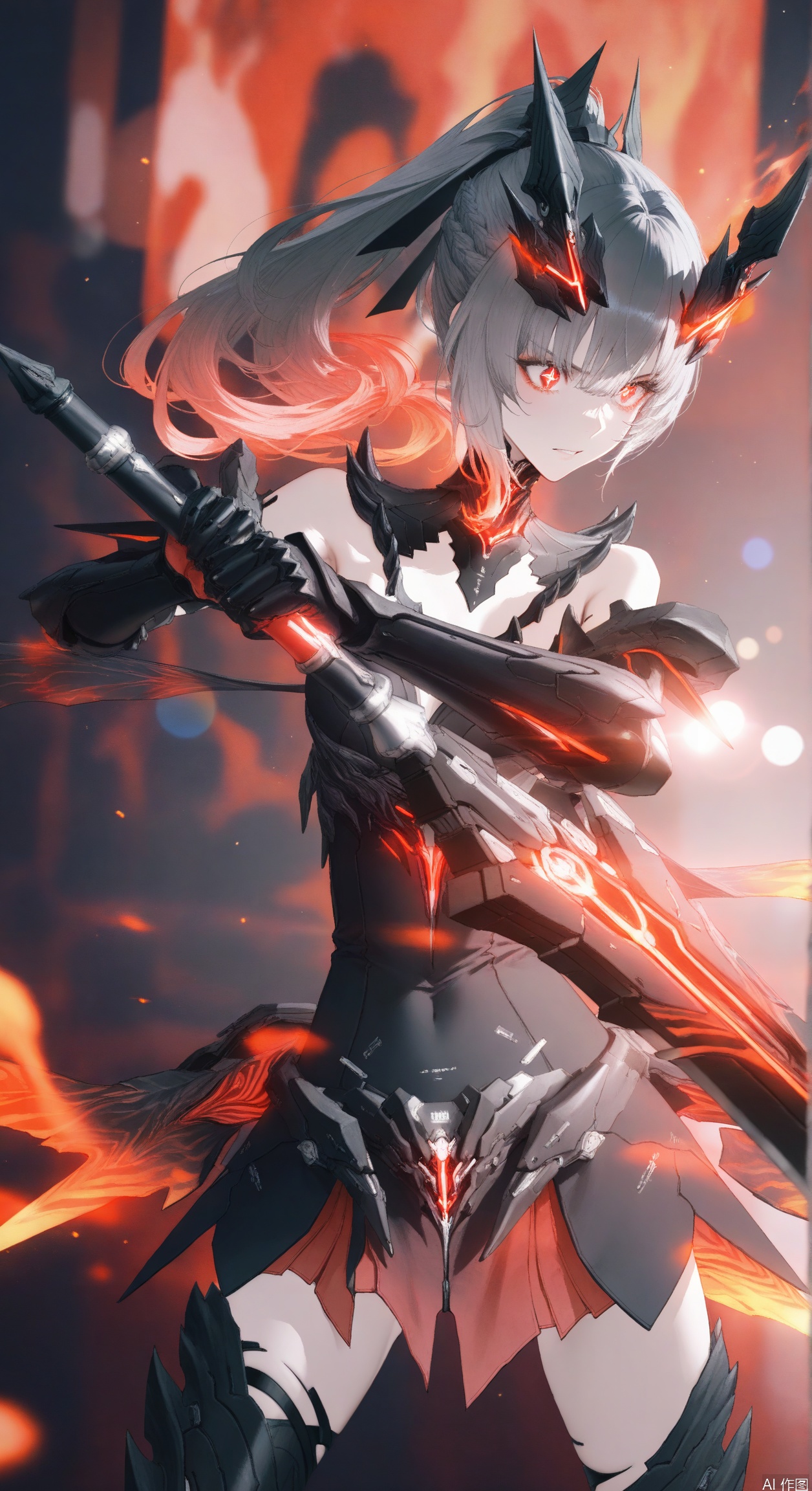 nanami/punishing gray raven,1girl, solo, long hair,horns, bangs, thighhighs, dress, bare shoulders,red eyes, ponytail, grey hair, armor, gauntlets,cross shaped pupils,Flames rising, fire surrounding, wielding a mechanical sword,fighting_stance,weapon,brandishing a weapon,black blade,eye smear,glowing_eye,the sword points to you,cowboy shot,3d,
depth of field, light particles, lens flare, (artist:quasarcake:0.8),extreme aesthetic,(wlop:0.6), wanke,rella,wanke,masterpiece,best quality,good quality,newest ,year 2024, year 2023, very aesthetic,absurdres,Visual impact, A shot with tension, ultra-high resolution,32K UHD,sharp focus,best quality,masterpiece,Emotionalization masterpiece, unconventional supreme,masterful details,with a high end texture,in the style of fashion photography, (Visual impact:1.2),giving the poster a dynamic and visually striking appearance,impactful picture,offcial art,colorful ,splash of color, movie perspective, masterpiece,best quality,amazing quality,very aesthetic,absurdres,best quality,newest,