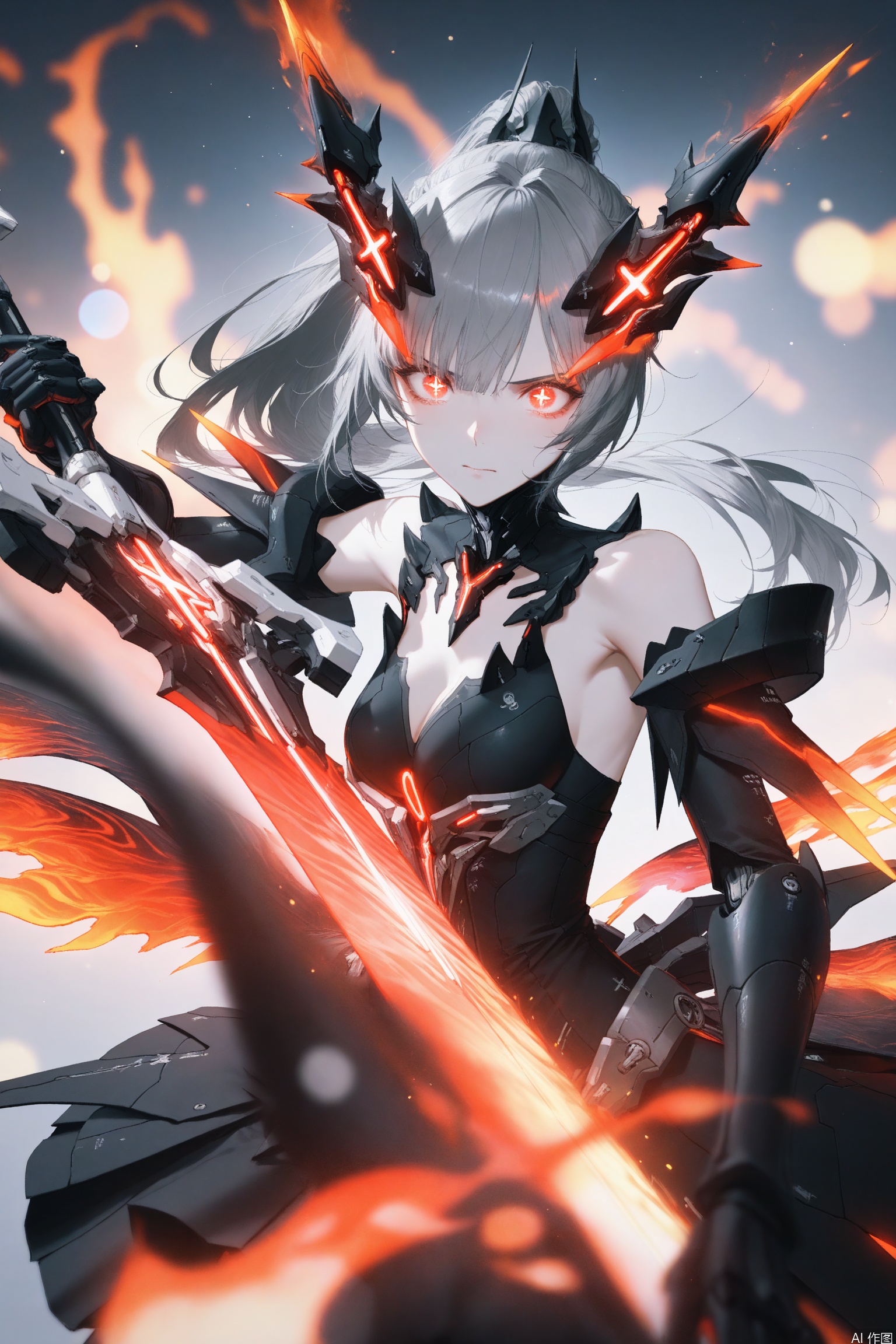 nanami/punishing gray raven,1girl, solo, long hair,horns, bangs, thighhighs, dress, bare shoulders,red eyes, ponytail, grey hair, armor, gauntlets,cross shaped pupils,Flames rising, fire surrounding, wielding a mechanical sword,fighting_stance,weapon,brandishing a weapon,eye smear,glowing_eye,the sword points to you,upper body,3d,
depth of field, light particles, lens flare, (artist:quasarcake:0.8),extreme aesthetic,(wlop:0.6), wanke,rella,wanke,masterpiece,best quality,good quality,newest ,year 2024, year 2023, very aesthetic,absurdres,Visual impact, A shot with tension, ultra-high resolution,32K UHD,sharp focus,best quality,masterpiece,Emotionalization masterpiece, unconventional supreme,masterful details,with a high end texture,in the style of fashion photography, (Visual impact:1.2),giving the poster a dynamic and visually striking appearance,impactful picture,offcial art,colorful ,splash of color, movie perspective, masterpiece,best quality,amazing quality,very aesthetic,absurdres,best quality,newest,
