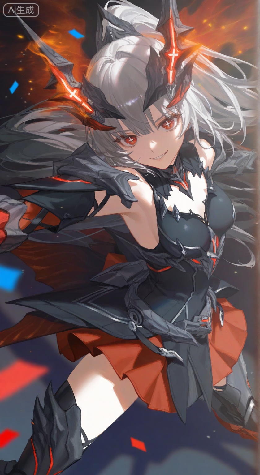  1girl,nanami, solo, long hair,horns,cross shaped pupils,ponytail,breasts, bangs, skirt, red eyes, thighhighs, gloves, grey hair, armor, gradient, red skirt, headgear, mecha musume,boots,armored boots,smug,grin,from above,
line art,hewu,depth of field,(rei \(sanbonzakura\):0.8),(ciloranko:0.7),(artist:quasarcake:0.8),(wlop:0.7),extreme aesthetic,(quasarcake:0.7),masterpiece,best quality,good quality,newest,year 2024,year 2023,very aesthetic,absurdres,Visual impact,A shot with tension,ultra-high resolution,32K UHD,sharp focus,best-quality,masterpiece,Emotionalization,unconventional supreme masterpiece,masterful details,temperate atmosphere,with a high-end texture,in the style of fashion photography,(Visual impact:1.2),insanely interplay between lights and shadows,(ray tracing),sunlight,reflective,masterful details,intricate details,soothing tones,high contrast,natural skin texture,soft light,sharp,giving the poster a dynamic and visually striking appearance,impactful picture,offcial art,colorful,splash of color,movie perspective,colorful,splash of color,\,(close-up:1.5),looking at viewer,head tilt,confetti,light particles,{{{{{dappled sunlight,shiny skin}}}}},motion lines,wide shot,starry background