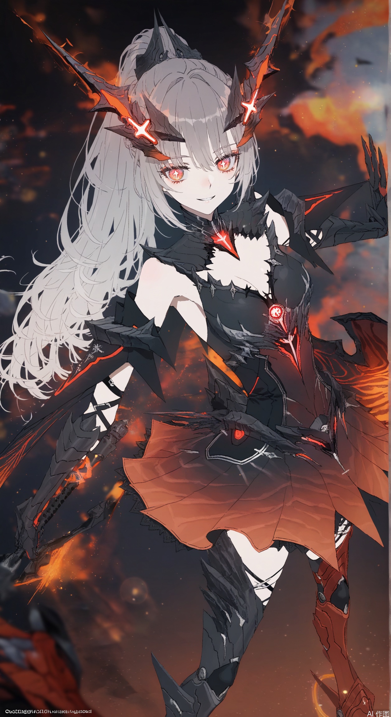  1girl,nanami, solo, long hair,horns,cross shaped pupils,ponytail,breasts, bangs, skirt, red eyes, thighhighs, gloves, grey hair, armor, gradient, red skirt, headgear, mecha musume,boots,armored boots,smug,grin,from above,
depth of field, light particles, lens flare, (artist:quasarcake:0.8),extreme aesthetic,(wlop:0.6), wanke,rella,wanke,masterpiece,best quality,good quality,newest ,year 2024, year 2023, very aesthetic,absurdres,Visual impact, A shot with tension, ultra-high resolution,32K UHD,sharp focus,best quality,masterpiece,Emotionalization masterpiece, unconventional supreme,masterful details,with a high end texture,in the style of fashion photography, (Visual impact:1.2),giving the poster a dynamic and visually striking appearance,impactful picture,offcial art,colorful ,splash of color, movie perspective, masterpiece,best quality,amazing quality,very aesthetic,absurdres,best quality,newest,