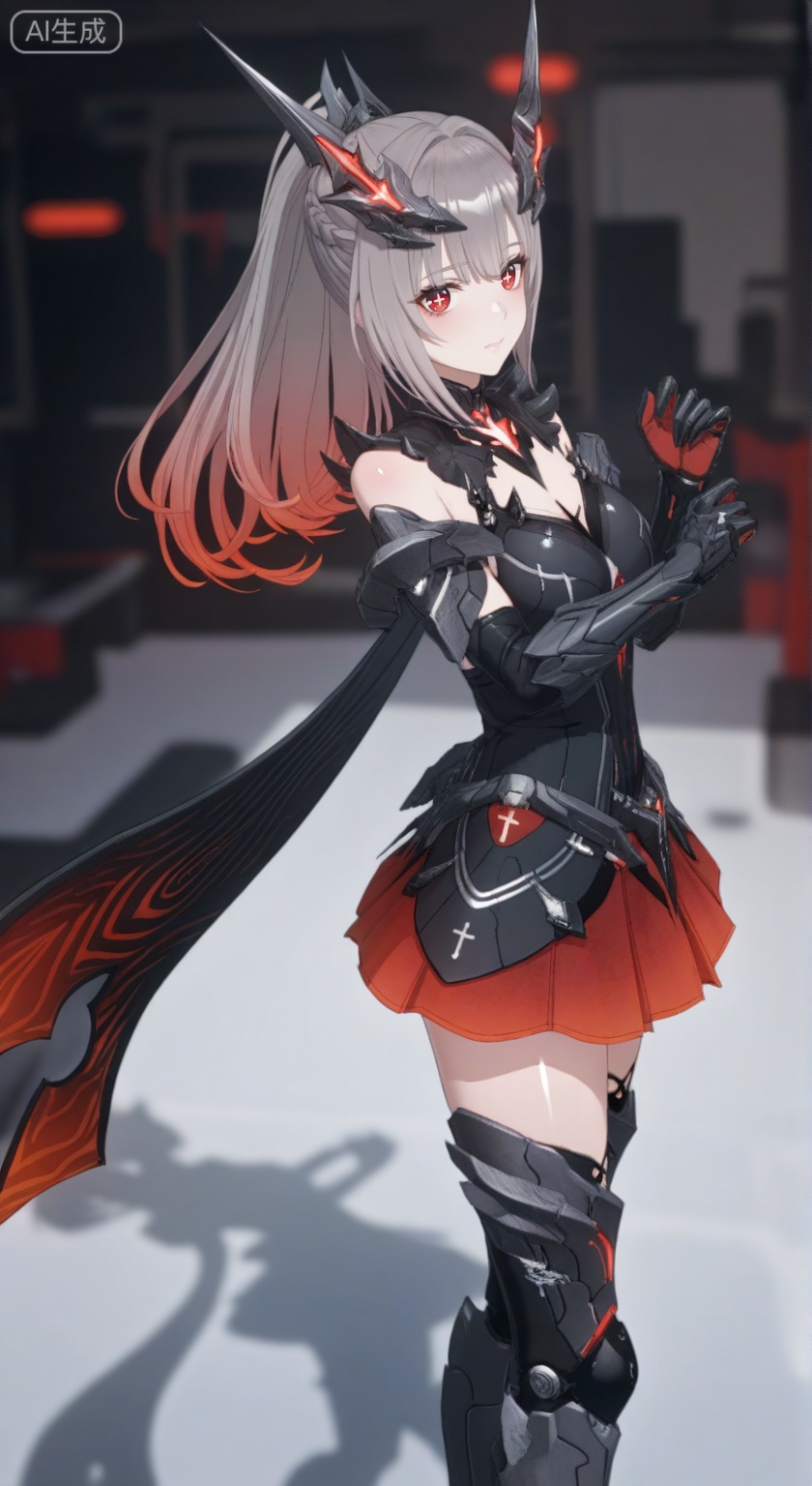 masterpiece,absurdres,best quality,high quality,chromatic_aberration,
//,artist:konya_karasue,((artist:reoen),(artist:fuzichoco),(artist:atdan),(artist:torino_aqua:0.5),year 2024:0.5),(artist:omone_hokoma_agm:0.8),jijia, 2d, anime,
//,
1girl,nanami, solo, long hair,horns,cross shaped pupils,ponytail,breasts, bangs, skirt, red eyes, thighhighs, gloves, grey hair, armor, gradient, red skirt, headgear, mecha musume,boots,armored boots,
//,official art,depth of field,detailed light,blurry background,best shadow,shiny skin,cinematic lighting,ray tracing,amazing quality,very aesthetic,absurdres,beast quality,ultra detailed,newest,8K,HDR,anime screencap,anime coloring,Mat Skin