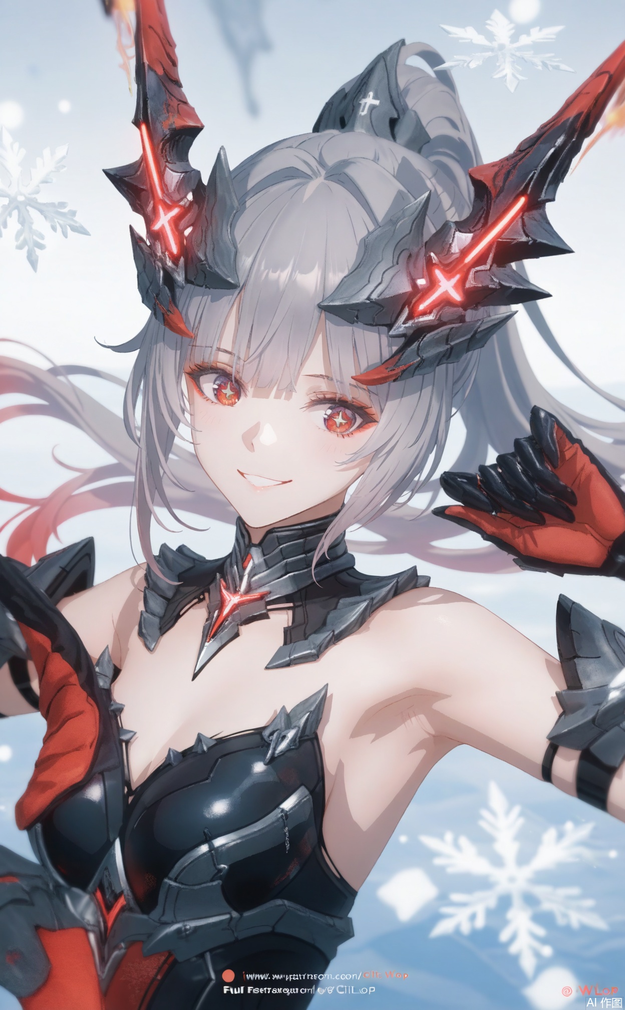 1girl,nanami,solo, long hair,horns,cross shaped pupils,ponytail, bangs, red eyes, grey hair, headgear,armor,naughty smile,cute face,upper body,snowflakes, (Tyndall Effect 1.4), (wlop:0.8),((artist:reoen),(artist:fuzichoco),(artist:atdan),(artist:torino_aqua),year 2024:0.8),[artist:wlop],[artist:ningen_mame],artist:ciloranko,[[artist:rhasta]],artist:tidsean,colorful,best quality,very aesthetic,absurdres,32K UHD,sharp focus,best-quality,Emotionalization,temperate atmosphere,with a high-end texture,in the style of fashion photography,Dynamic, dynamic force picture, (Visual impact:1.2),impactful picture,offcial art,