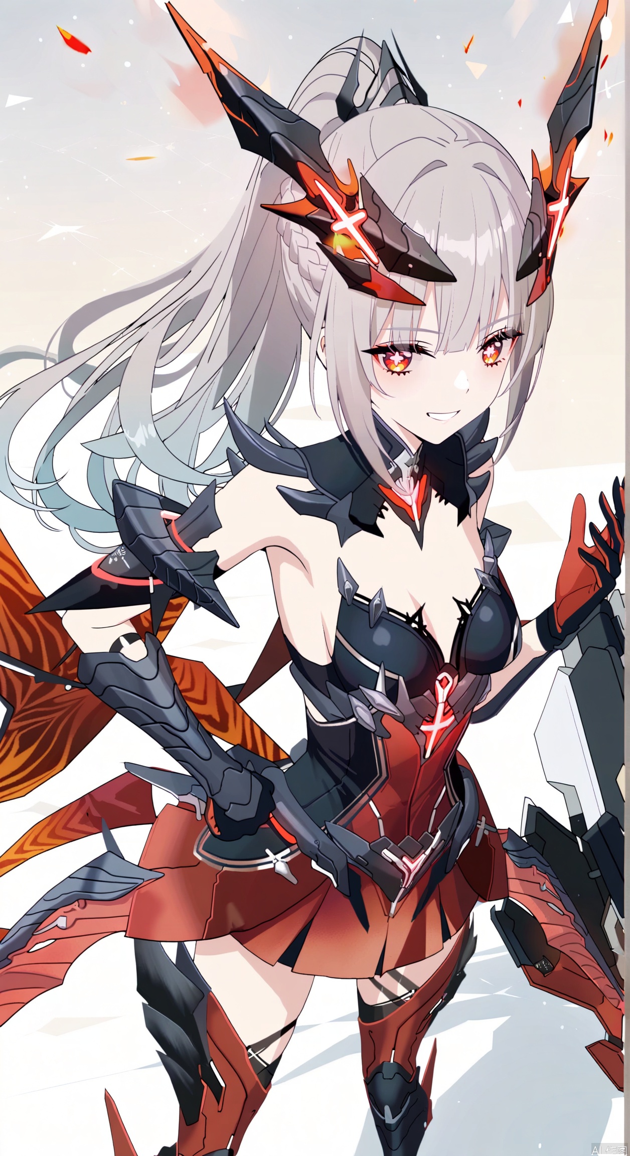  1girl,nanami, solo, long hair,horns,cross shaped pupils,ponytail,breasts, bangs, skirt, red eyes, thighhighs, gloves, grey hair, armor, gradient, red skirt, headgear, mecha musume,boots,armored boots,smug,grin,from above,
masterpiece,best quality,((artist:reoen),(artist:fuzichoco),(artist:atdan),(artist:torino_aqua:0.5),year 2024:0.5),(artist:omone_hokoma_agm:0.8),jijia, 2d, anime,