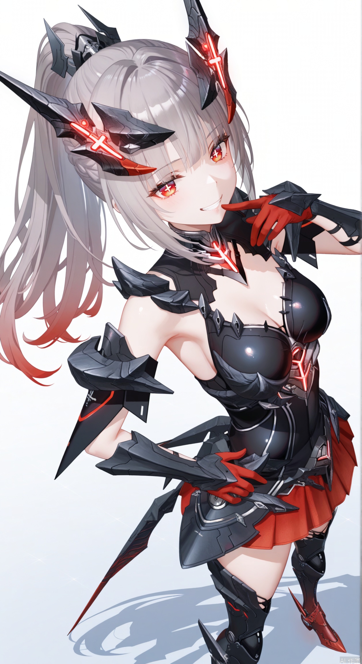  1girl,nanami, solo, long hair,horns,cross shaped pupils,ponytail,breasts, bangs, skirt, red eyes, thighhighs, gloves, grey hair, armor, gradient, red skirt, headgear, mecha musume,boots,armored boots,smug,grin,from above,
masterpiece,best quality,((artist:reoen),(artist:fuzichoco),(artist:atdan),(artist:torino_aqua:0.5),year 2024:0.5),(artist:omone_hokoma_agm:0.8),jijia, 2d, anime,