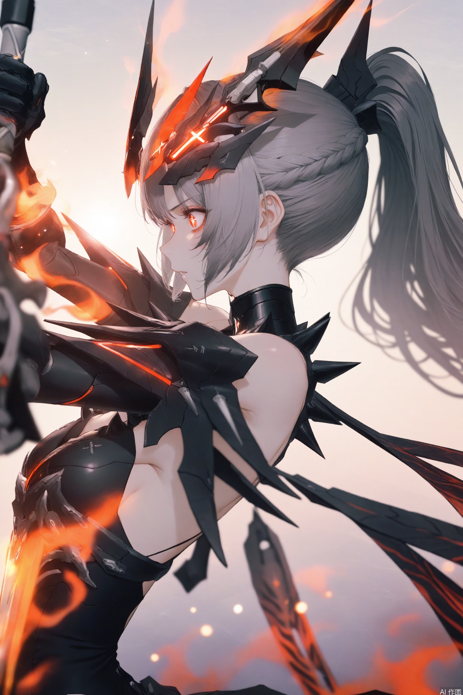 nanami/punishing gray raven,1girl, solo, long hair,horns, bangs, thighhighs, dress, bare shoulders,red eyes, ponytail, grey hair, armor, gauntlets,cross shaped pupils,Flames rising, fire surrounding, wielding a mechanical sword,fighting_stance,weapon,brandishing a weapon,black blade,eye smear,glowing_eye,the sword points to you,upper body,3d,from side,
depth of field, light particles, lens flare, (artist:quasarcake:0.8),extreme aesthetic,(wlop:0.6), wanke,rella,wanke,masterpiece,best quality,good quality,newest ,year 2024, year 2023, very aesthetic,absurdres,Visual impact, A shot with tension, ultra-high resolution,32K UHD,sharp focus,best quality,masterpiece,Emotionalization masterpiece, unconventional supreme,masterful details,with a high end texture,in the style of fashion photography, (Visual impact:1.2),giving the poster a dynamic and visually striking appearance,impactful picture,offcial art,colorful ,splash of color, movie perspective, masterpiece,best quality,amazing quality,very aesthetic,absurdres,best quality,newest,