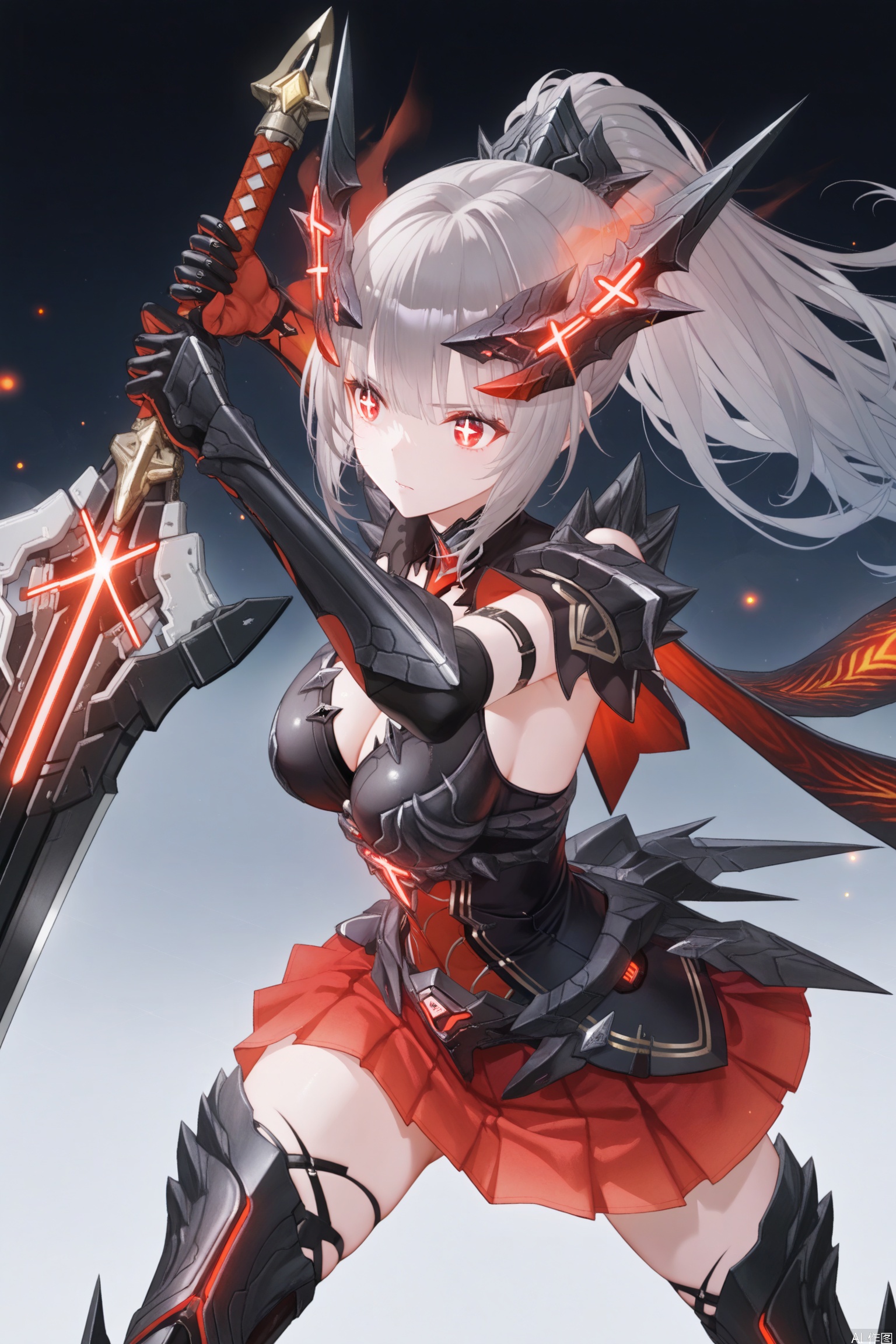  1girl,nanami, solo, long hair,horns,cross shaped pupils,ponytail,breasts, bangs, skirt, red eyes, thighhighs, gloves, grey hair, armor, gradient, red skirt, headgear, mecha musume,wielding a mechanical sword,fighting_stance,weapon,brandishing a weapon,black blade,eye smear,glowing_eye,the sword points to you,
masterpiece,best quality,((artist:reoen),(artist:fuzichoco),(artist:atdan),(artist:torino_aqua:0.5),year 2024:0.5),(artist:omone_hokoma_agm:0.8),jijia, 2d, anime,
