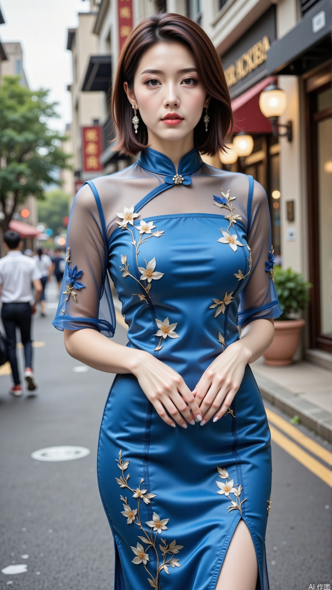 In the image, the woman is elegantly dressed in a blue cheongsam, which exudes a sense of tranquility and sophistication. Blue is often associated with calmness and serenity, and it symbolizes depth and stability, giving a soothing and peaceful impression. The cheongsam features delicate floral embroidery that adds a touch of elegance and artistry to the garment.The design of the cheongsam harmoniously blends traditional and contemporary styles. The sheer sleeves and neckline contribute to a sense of lightness and grace, while the form-fitting silhouette highlights the woman's figure beautifully. The urban backdrop of the city street adds a modern context to the scene, making the woman in the blue cheongsam stand out even more. The overall composition creates a sense of harmony and balance, as if time has paused to appreciate the seamless blend of classic beauty and contemporary style.