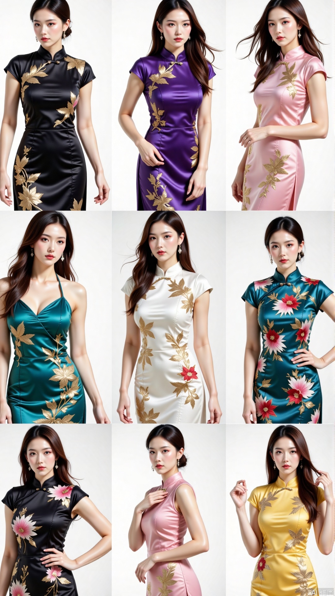 In this collection of images, nine women are each adorned in different colored cheongsams, each showcasing a unique style and charm. The colors of these cheongsams include black, purple, pink, green, white, teal, blue, yellow, and another black, each conveying different emotions and temperaments through their colors and patterns.The black cheongsam is embroidered with golden and pink floral patterns, exuding a sense of mystery and elegance, with the golden and pink embroidery adding a touch of luxury and femininity. The purple cheongsam appears smooth and lustrous, giving off an air of nobility, with purple often associated with royalty and aristocracy. The pink cheongsam features golden leaf patterns, with pink typically associated with tenderness and sweetness, while the golden embroidery adds a level of delicacy and nobility to the cheongsam.The green cheongsam is adorned with pink and white floral patterns, with green conveying a sense of freshness and nature, while the pink and white flowers add a touch of softness and liveliness to the cheongsam. The white cheongsam features red and green floral patterns, with white often associated with purity and freshness, while the red and green flowers add a burst of vitality and color to the cheongsam.The teal cheongsam is embroidered with pink and white floral patterns, with teal conveying a sense of tranquility and depth, while the pink and white flowers add a touch of softness and elegance to the cheongsam. The blue cheongsam features yellow and white floral patterns, with blue typically associated with serenity and wisdom, while the yellow and white flowers add a sense of brightness and freshness to the cheongsam.The yellow cheongsam is adorned with pink and white floral patterns, with yellow conveying a sense of warmth and vitality, while the pink and white flowers add a touch of sweetness and liveliness to the cheongsam. Another black cheongsam features white patterns, with black exuding a sense of classic and timeless elegance, while the white patterns add a touch of simplicity and modernity to the cheongsam.These cheongsams not only showcase the beauty of traditional Chinese attire but also express each woman's unique personality and style through different colors and patterns. Each cheongsam is a modern interpretation of traditional culture, retaining classic elements while incorporating fashionable designs, demonstrating the diversity and richness of cheongsams.