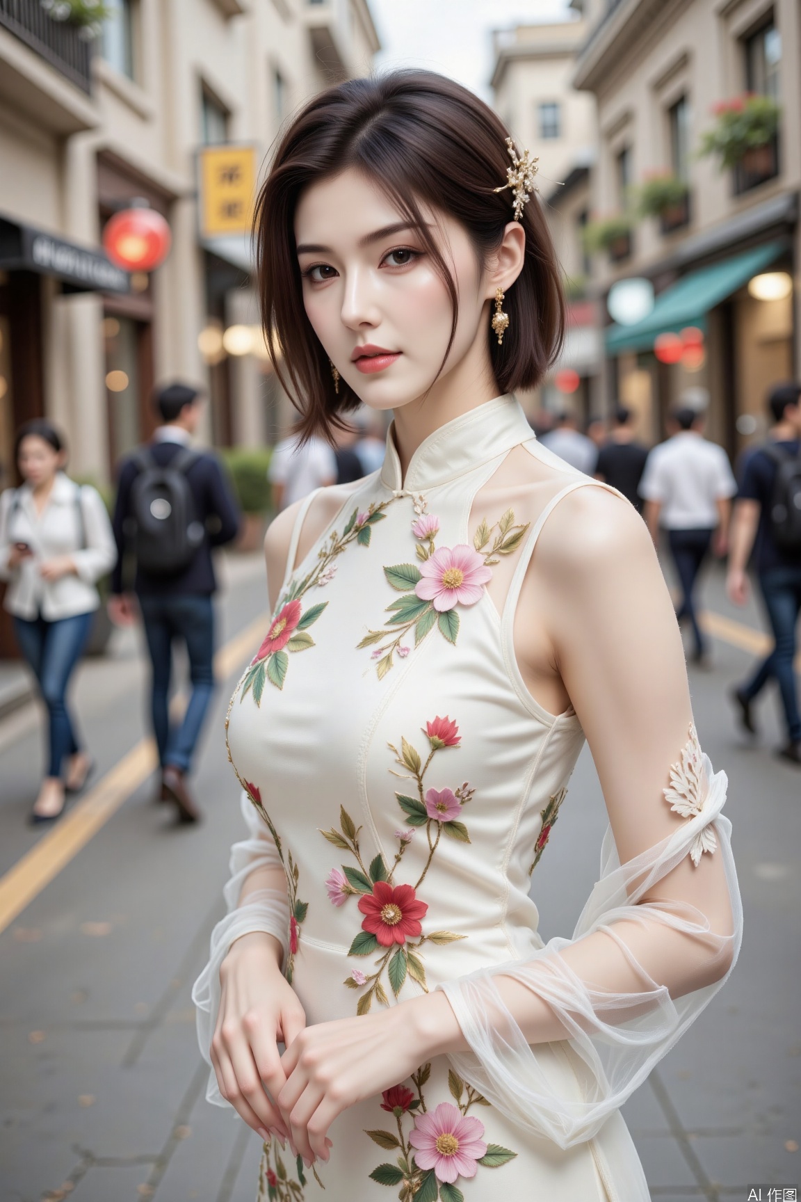 In the image, the woman is adorned in a white cheongsam that exudes a sense of freshness and elegance. White cheongsams are renowned for their purity and nobility, often associated with weddings or formal occasions. They symbolize innocence and new beginnings, imparting a sense of tranquility and peace. The floral patterns on the cheongsam are brought to life with exquisite embroidery, adding a touch of vivid color and artistic flair to the garment.The design of this cheongsam skillfully blends traditional and contemporary styles, with sheer sleeves and a sheer neckline lending a light and airy feel to the overall look, while the tailored fit beautifully accentuates the female form. The urban street scene in the background infuses the image with a modern metropolitan vibe, making the woman in the white cheongsam even more eye-catching. The overall composition evokes a sense of purity and harmony, as if time has softened in this moment, allowing one to be captivated by the perfect blend of classical beauty and modern fashion.