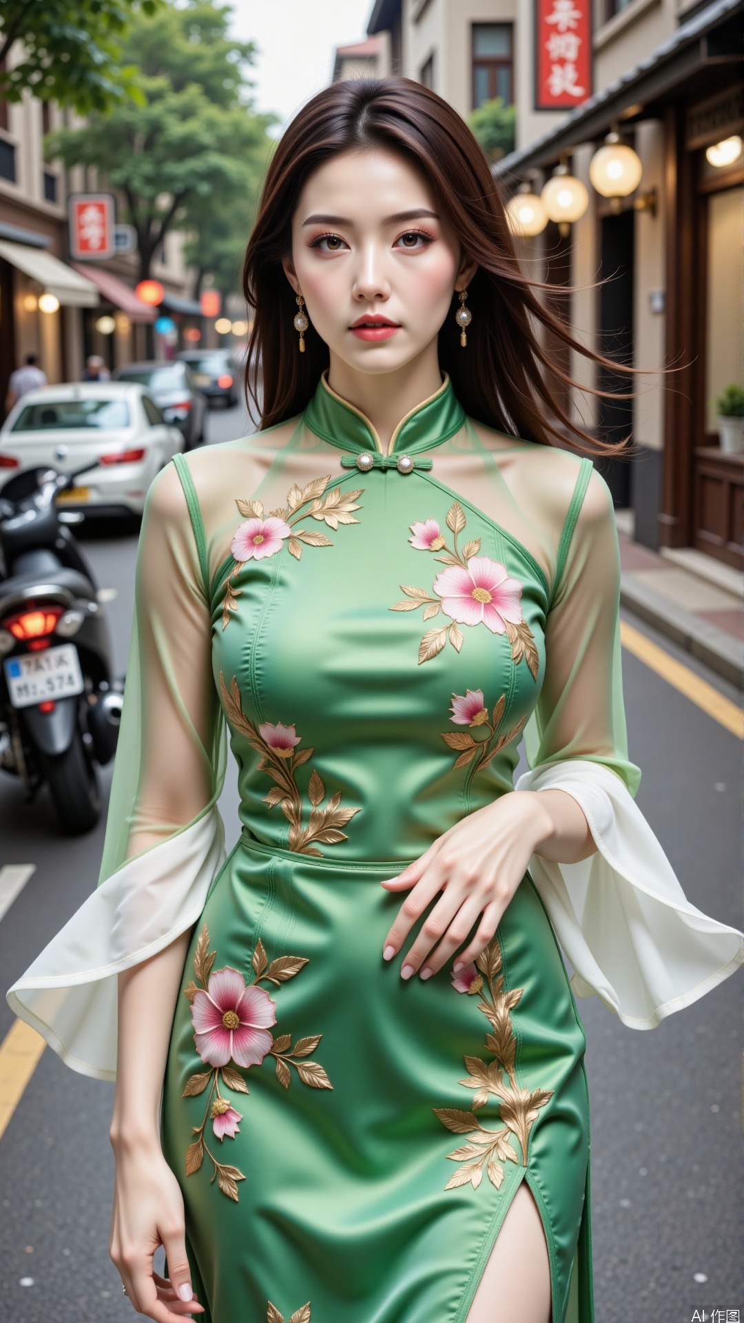 In the image, the woman is wearing a green cheongsam that exudes a sense of natural freshness and beauty. Green cheongsams are known for their vitality and energy, symbolizing nature and growth, imparting a sense of freshness and relaxation. The floral patterns on the cheongsam are brought to life with intricate embroidery, adding a vibrant touch of color and artistic flair to the garment.The design of this cheongsam skillfully blends traditional and modern elements, with sheer sleeves and a sheer neckline lending a light and airy feel to the overall look, while the tailored fit beautifully accentuates the female form. The urban street scene in the background infuses the image with a contemporary urban vibe, making the woman in the green cheongsam even more eye-catching. The overall composition evokes a sense of harmony and nature, as if time has become serene in this moment, allowing one to be captivated by the perfect fusion of classical elegance and modern fashion.
