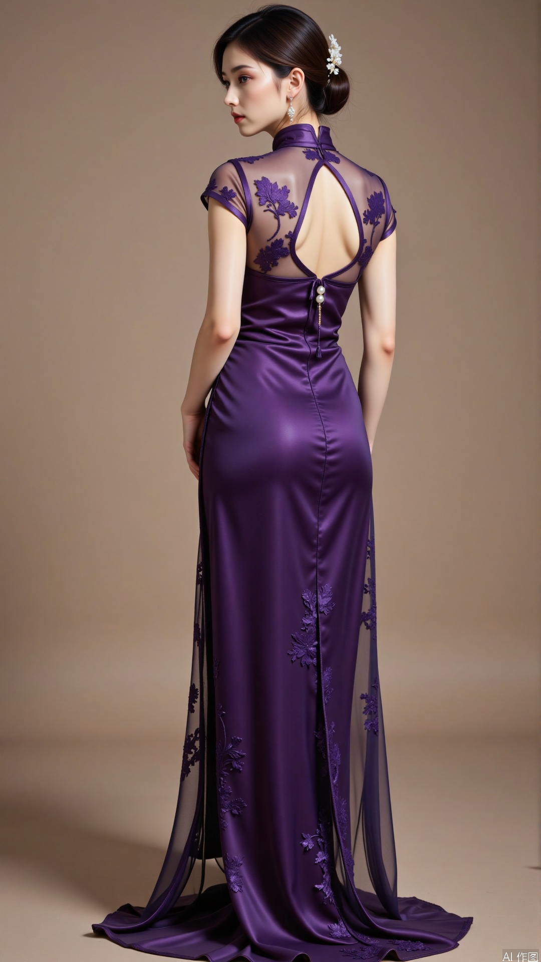 The woman in the image is wearing a purple cheongsam, a color traditionally associated with nobility and royalty, symbolizing luxury and mystery. The purple cheongsam appears very noble and elegant, often found at high-end social events. A woman dressed in a purple cheongsam exudes a unique charm, as if telling a story about history and tradition. Whether made of sheer chiffon, lustrous brocade, or elegant silk, a purple cheongsam can make the wearer look graceful and poised.The purple cheongsam is also uniquely versatile in terms of styling. With its changeable and elegant nature, it can be paired with accessories that match the style and material of the dress. Starting with the purple cheongsam, one can complement it with simple silver or pearl accessories, subtly interpreting endless elegance. The purple cheongsam reveals the romantic heritage of the mysterious and rich colors, and the moment one dons a purple cheongsam, one feels the exchange of classical and modern waves.