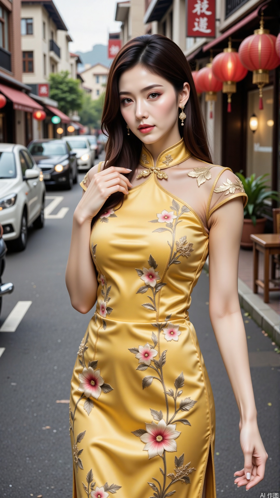 In the image, the woman is adorned in a golden-yellow cheongsam that radiates a sense of luxury and vibrancy. The golden-yellow hue is often associated with wealth, prosperity, and joy, symbolizing a bright and optimistic future. The cheongsam is embellished with intricate floral embroidery, which adds a layer of elegance and cultural richness to the attire.The design of the cheongsam seamlessly integrates traditional aesthetics with modern fashion. The sheer sleeves and neckline provide a delicate and airy feel, while the tailored fit accentuates the woman's silhouette with grace. The urban setting of the city street in the background contrasts with the traditional garment, creating a striking visual that captures the attention. The overall composition evokes a sense of harmony and exuberance, as if time has paused to celebrate the fusion of timeless beauty and contemporary elegance.