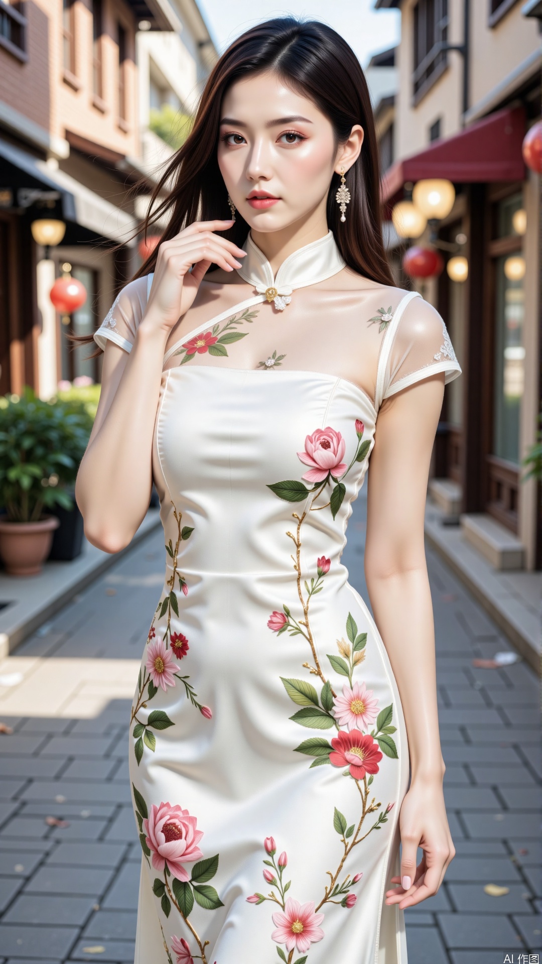 In the image, the woman is adorned in a white cheongsam that exudes a sense of freshness and elegance. White cheongsams are renowned for their purity and nobility, often associated with weddings or formal occasions. They symbolize innocence and new beginnings, imparting a sense of tranquility and peace. The floral patterns on the cheongsam are brought to life with exquisite embroidery, adding a touch of vivid color and artistic flair to the garment.The design of this cheongsam skillfully blends traditional and contemporary styles, with sheer sleeves and a sheer neckline lending a light and airy feel to the overall look, while the tailored fit beautifully accentuates the female form. The urban street scene in the background infuses the image with a modern metropolitan vibe, making the woman in the white cheongsam even more eye-catching. The overall composition evokes a sense of purity and harmony, as if time has softened in this moment, allowing one to be captivated by the perfect blend of classical beauty and modern fashion.