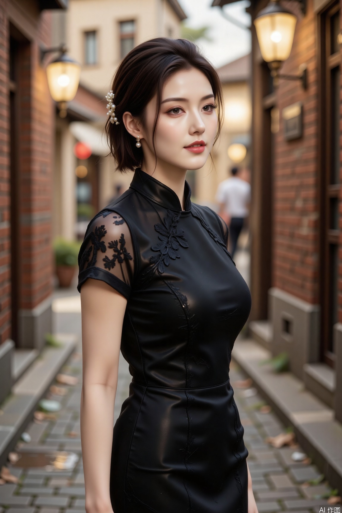 An elegant woman in a classic black cheongsam, her hair styled in an intricate updo adorned with a pearl hairpin, smiles gently with red lips as she stands on an old cobblestone street. The weathered brick walls and faded lanterns form the backdrop, with a soft glow of the setting sun adding an air of timeless Eastern elegance.