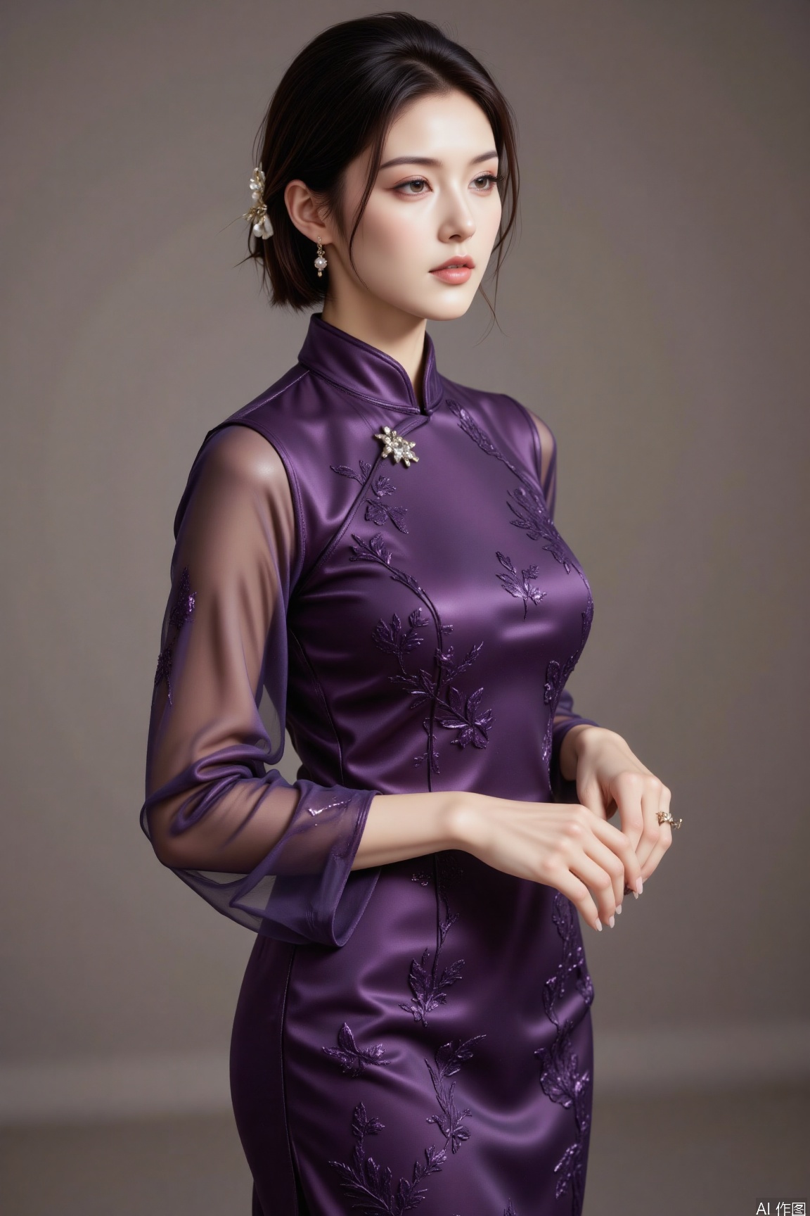 The woman in the image is wearing a purple cheongsam, a color traditionally associated with nobility and royalty, symbolizing luxury and mystery. The purple cheongsam appears very noble and elegant, often found at high-end social events. A woman dressed in a purple cheongsam exudes a unique charm, as if telling a story about history and tradition. Whether made of sheer chiffon, lustrous brocade, or elegant silk, a purple cheongsam can make the wearer look graceful and poised.The purple cheongsam is also uniquely versatile in terms of styling. With its changeable and elegant nature, it can be paired with accessories that match the style and material of the dress. Starting with the purple cheongsam, one can complement it with simple silver or pearl accessories, subtly interpreting endless elegance. The purple cheongsam reveals the romantic heritage of the mysterious and rich colors, and the moment one dons a purple cheongsam, one feels the exchange of classical and modern waves.