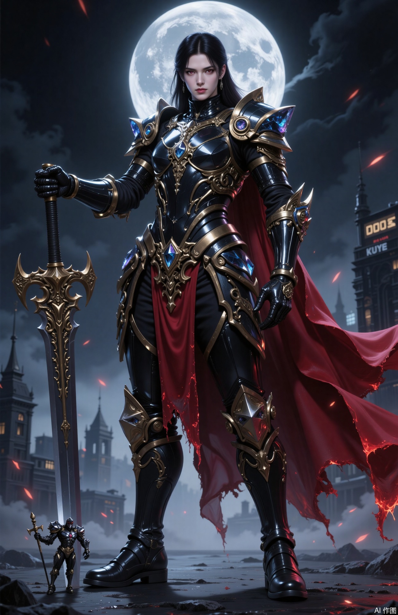 The image depicts a knight standing confidently in the foreground, dressed in elaborate black and gold armor with a red cape flowing behind him. He is holding a large, ornate sword with a golden hilt, and his expression is one of determination. The background features a cityscape under a full moon, with tall buildings and a faint glow from the city lights. There is also a small, skeletal figure near the knight's feet, adding an element of mystery to the scene. The overall atmosphere is one of fantasy and adventure, with the knight appearing ready for battle.