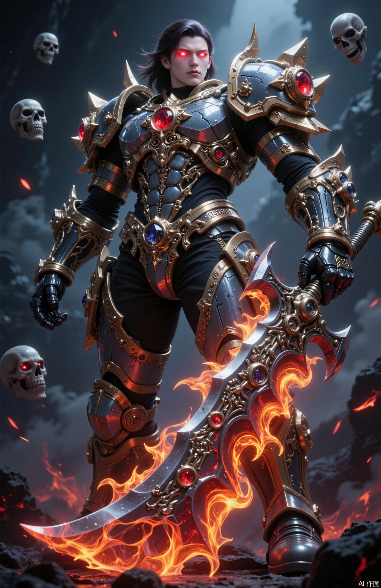 (Warhammer 40k style:1.3), (gothic sci-fi armor:1.2), 
massive 3-meter-tall male warrior, hyper-muscular physique, (power armor with heavy plating:1.3), 
gold-trimmed two-handed greatsword glowing with energy, (intricate gothic engravings:1.2), 
battle-damaged armor with rust and scratches, glowing red eye lenses, 
mechanical servo-skulls floating around, (smoke and sparks:1.1), 
dramatic low-angle view, (dynamic combat pose:1.2), 
grimdark atmosphere, (chaos wasteland background:1.1), 
ultra-detailed rendering, 8k resolution, cinematic lighting, 
sharp focus, Unreal Engine 5, trending on ArtStation