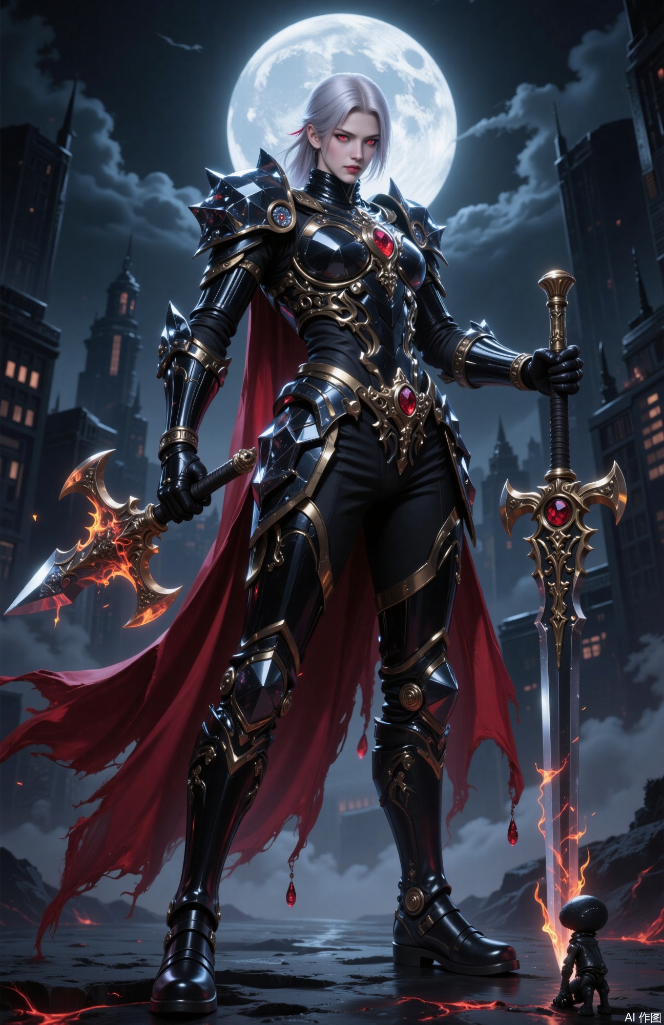 The image depicts a knight standing confidently in the foreground, dressed in elaborate black and gold armor with a red cape flowing behind him. He is holding a large, ornate sword with a golden hilt, and his expression is one of determination. The background features a cityscape under a full moon, with tall buildings and a faint glow from the city lights. There is also a small, skeletal figure near the knight's feet, adding an element of mystery to the scene. The overall atmosphere is one of fantasy and adventure, with the knight appearing ready for battle.
