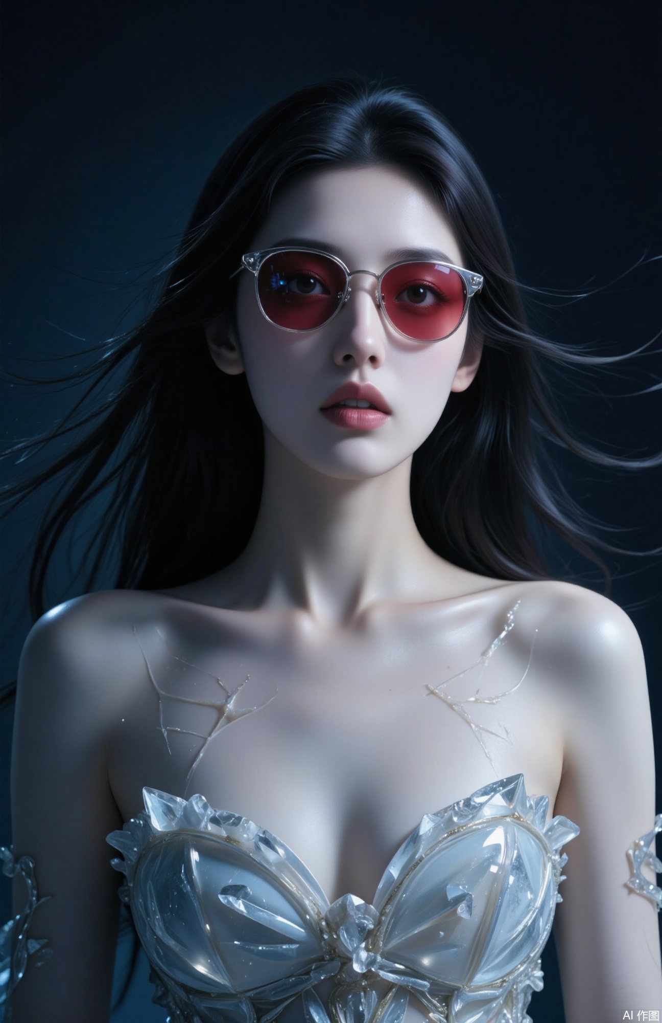 The image depicts a young woman with long black hair, wearing glasses with red-tinted lenses. She has a choker around her neck and is wearing a white top. Her skin is wet, with water droplets visible on her chest and arms. There are visible scratches or markings on her face, and she appears to be looking upwards with an expression of surprise or shock. The background is dark, with a soft light source illuminating her from the side, creating a dramatic effect.