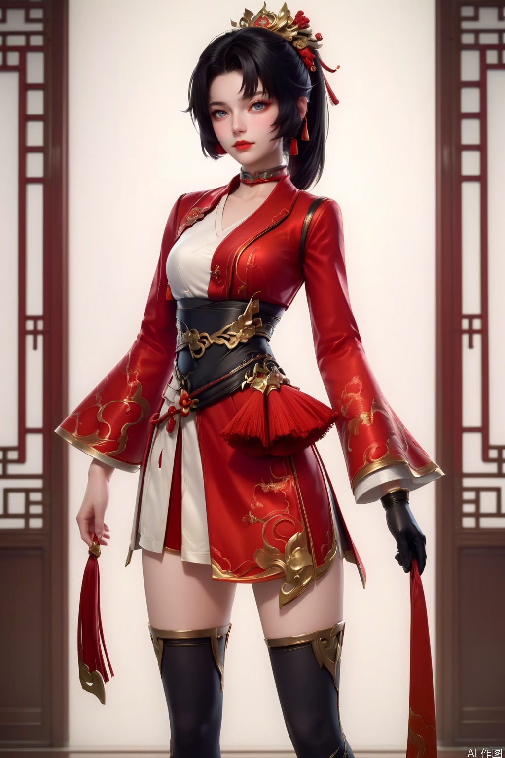 score_9, score_8_up, score_7_up,highly detailed digital,CG,1girl, solo, looking at viewer, black hair, hair ornament, thighhighs, gloves, long sleeves, dress, jewelry, closed mouth, jacket, ponytail,choker, red lips, chinese clothes,  sash, red dress, 
cowboy shot, black gloves, black thighhighs, single glove, 
