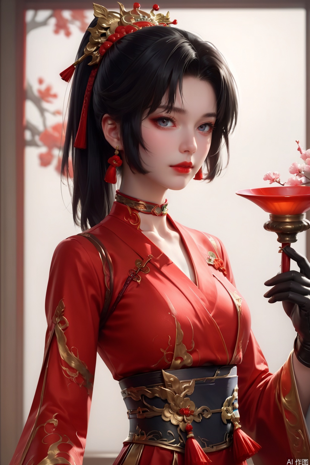 score_9, score_8_up, score_7_up,highly detailed digital,CG,1girl, solo, looking at viewer, black hair, hair ornament, long sleeves, jewelry, closed mouth,ponytail,choker, red lips,portrait (object), chinese clothes,  sash, red dress, gloves,
close up, 