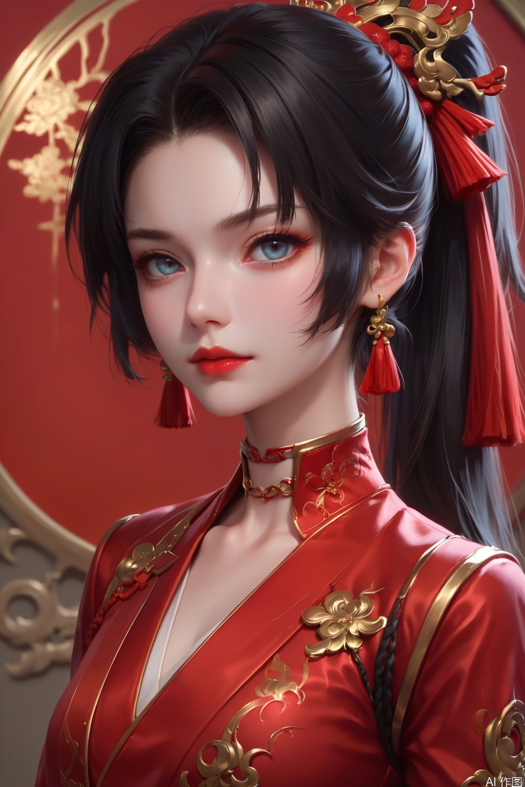 score_9, score_8_up, score_7_up,highly detailed digital,CG,1girl, solo, looking at viewer, black hair, hair ornament, long sleeves, jewelry, closed mouth, jacket, ponytail,choker, red lips,portrait (object), chinese clothes,  sash, red dress, gloves,
close up, 