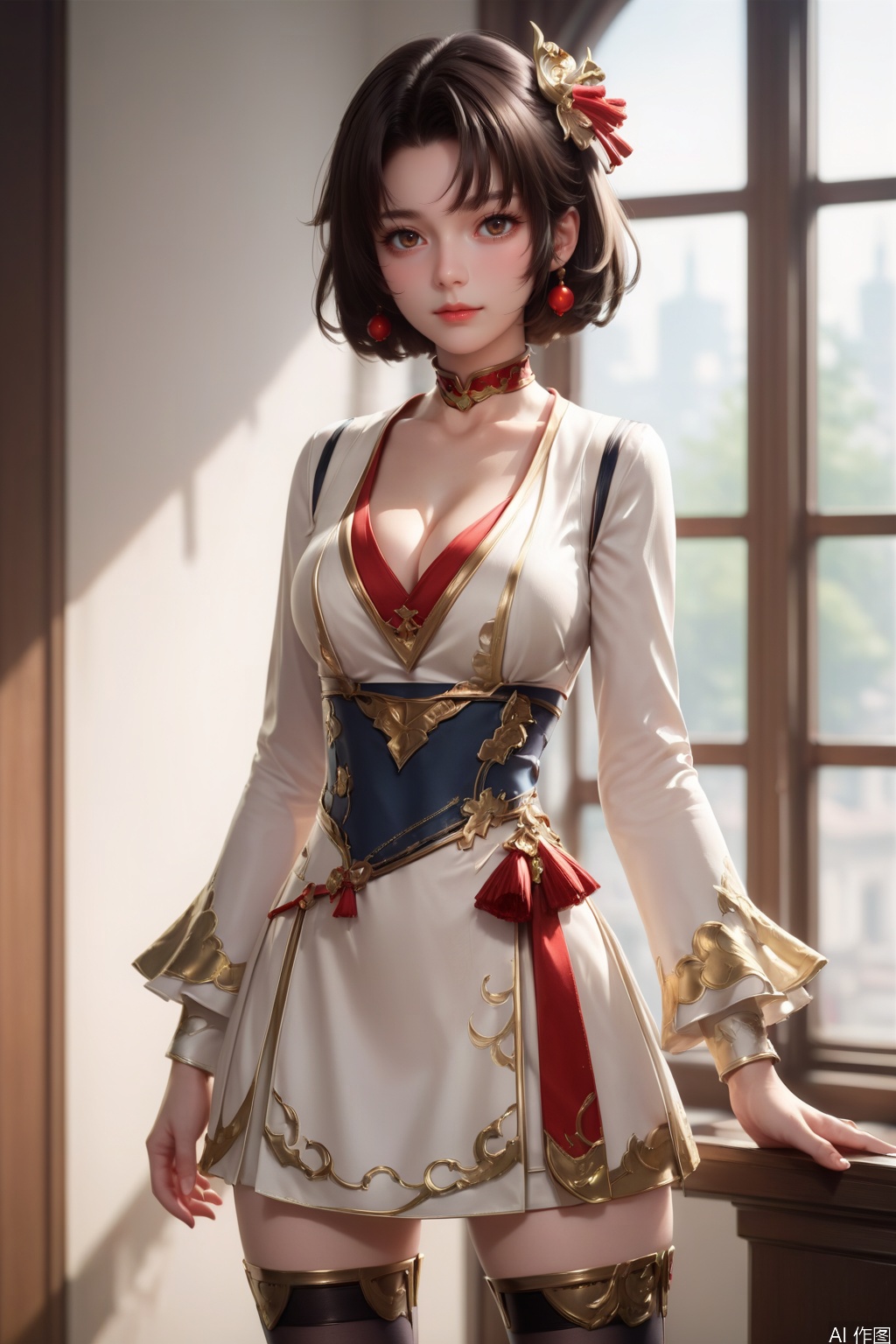 score_9, score_8_up, score_7_up,highly detailed digital,CG,1girl, solo, breasts, looking at viewer, short hair, brown hair, hair ornament, thighhighs, long sleeves, dress, cleavage, brown eyes, medium breasts, standing, cowboy shot, 