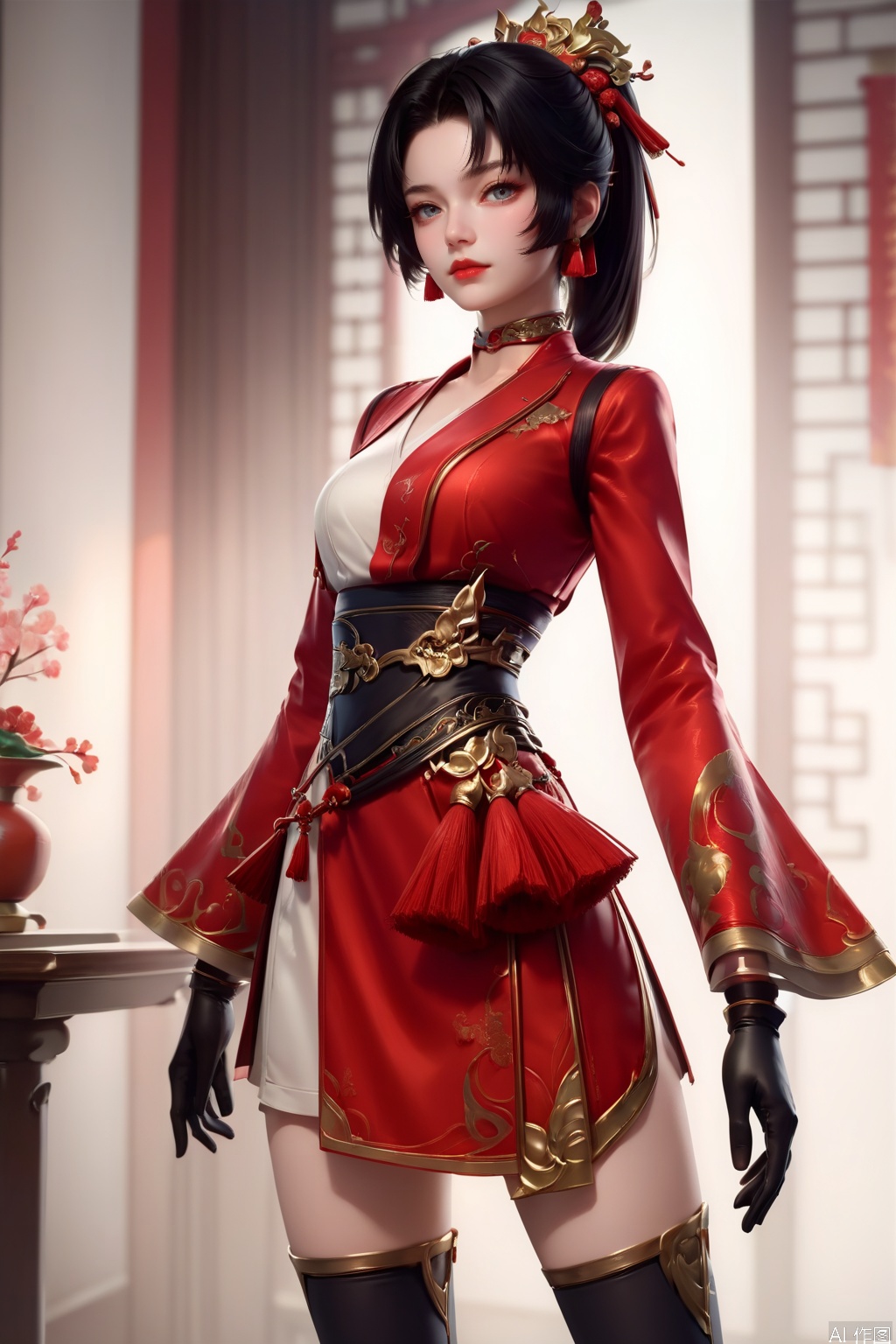 score_9, score_8_up, score_7_up,highly detailed digital,CG,1girl, solo, looking at viewer, black hair, hair ornament, long sleeves, jewelry, closed mouth, jacket, ponytail,choker, red lips, chinese clothes,  sash, red dress, gloves,
cowboy shot, black gloves, black thighhighs, 