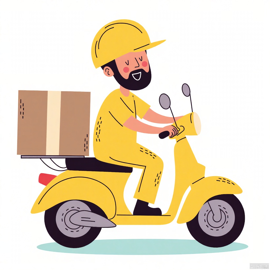 Cartoon illustration, deliveryman, yellow helmet, yellow clothes, yellow pants, yellow motorcycle