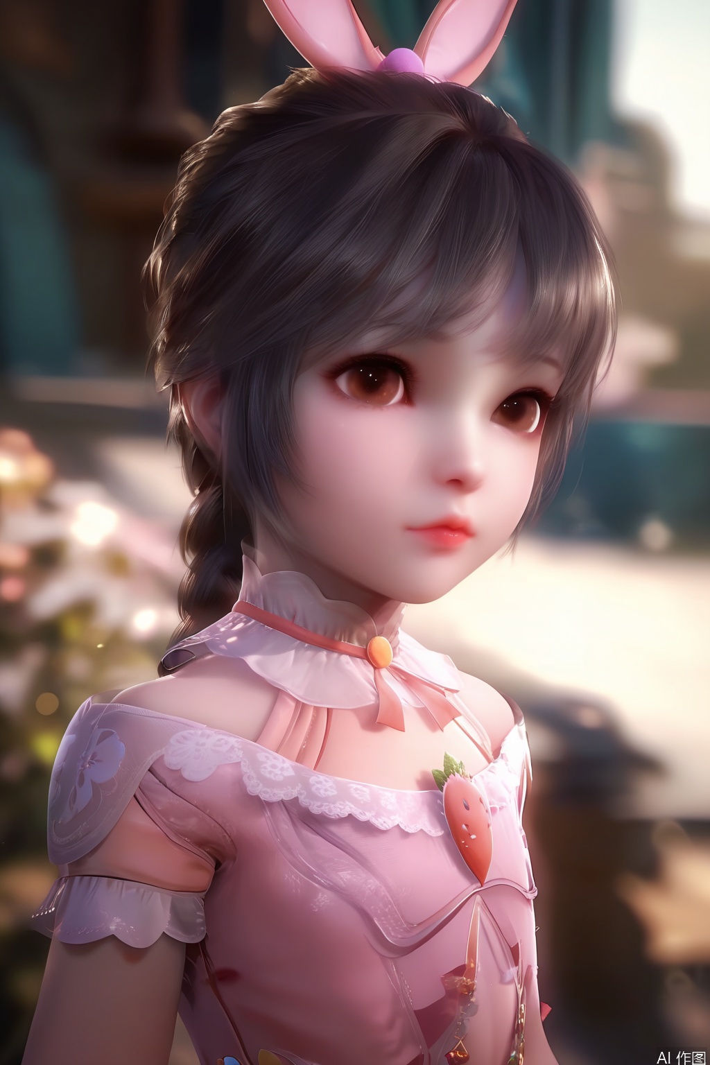 score_9,score_8_up,score_7_up,1girl,solo,looking at viewer,short hair,black hair,dress,animal ears,brown eyes,jewelry,rabbit ears,lips,pink dress,long braid,hime cut,Child,blurry background