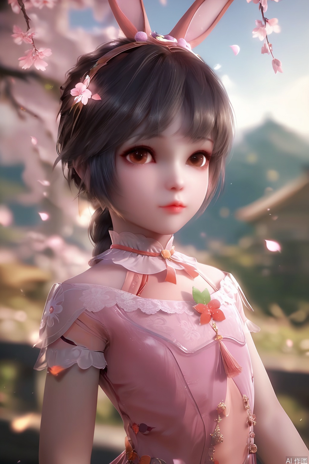 score_9,score_8_up,score_7_up,1girl,solo,looking at viewer,short hair,black hair,dress,animal ears,brown eyes,jewelry,rabbit ears,lips,pink dress,long braid,hime cut,Child,blurry background,petals,Cherry Blossoms
