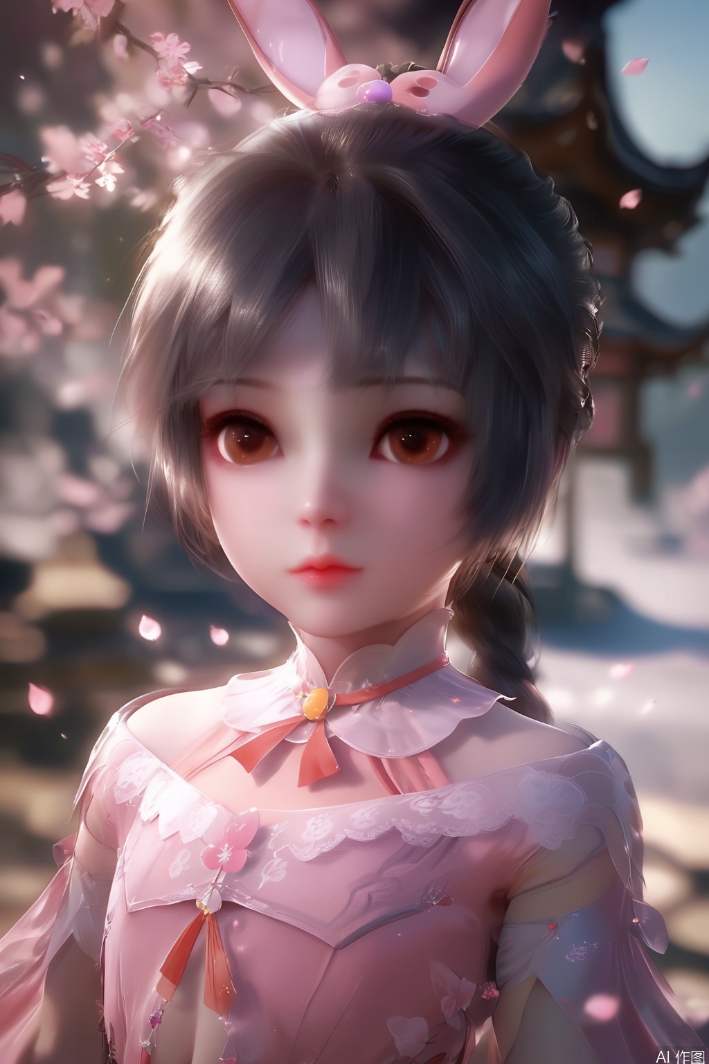 score_9,score_8_up,score_7_up,1girl,solo,looking at viewer,short hair,black hair,dress,animal ears,brown eyes,jewelry,rabbit ears,lips,pink dress,long braid,hime cut,Child,blurry background,petals,Cherry Blossoms