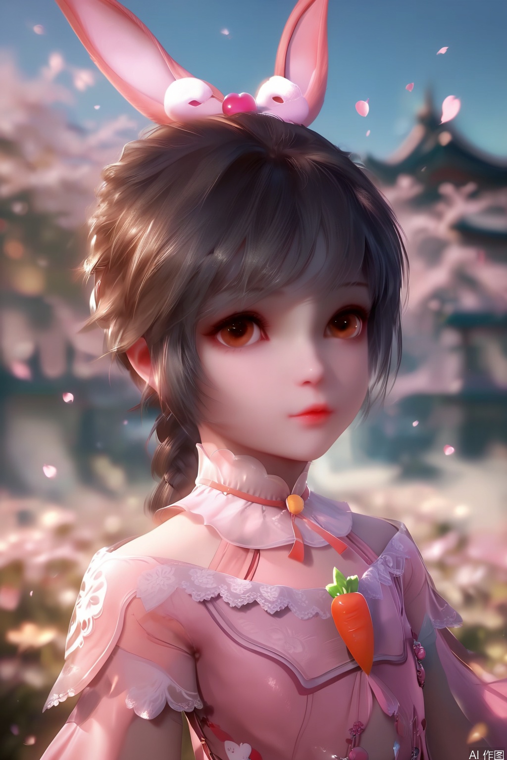 score_9,score_8_up,score_7_up,1girl,solo,looking at viewer,short hair,black hair,dress,animal ears,brown eyes,jewelry,rabbit ears,lips,pink dress,long braid,hime cut,Child,blurry background,petals,Cherry Blossoms,carrot