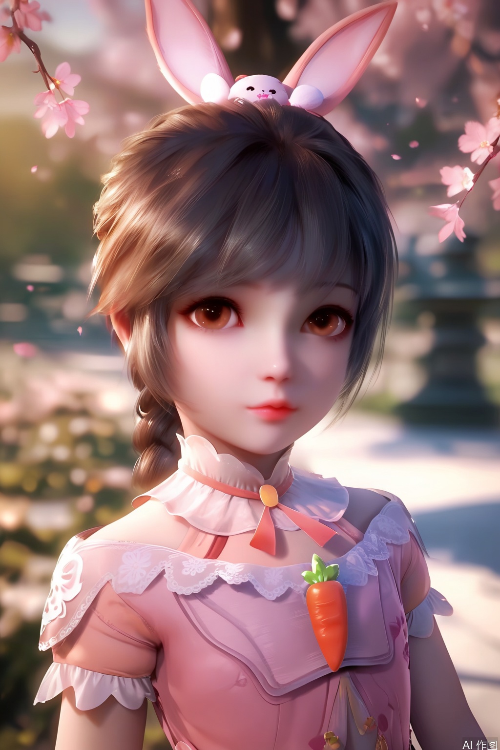 score_9,score_8_up,score_7_up,1girl,solo,looking at viewer,short hair,black hair,dress,animal ears,brown eyes,jewelry,rabbit ears,lips,pink dress,long braid,hime cut,Child,blurry background,petals,Cherry Blossoms,carrot