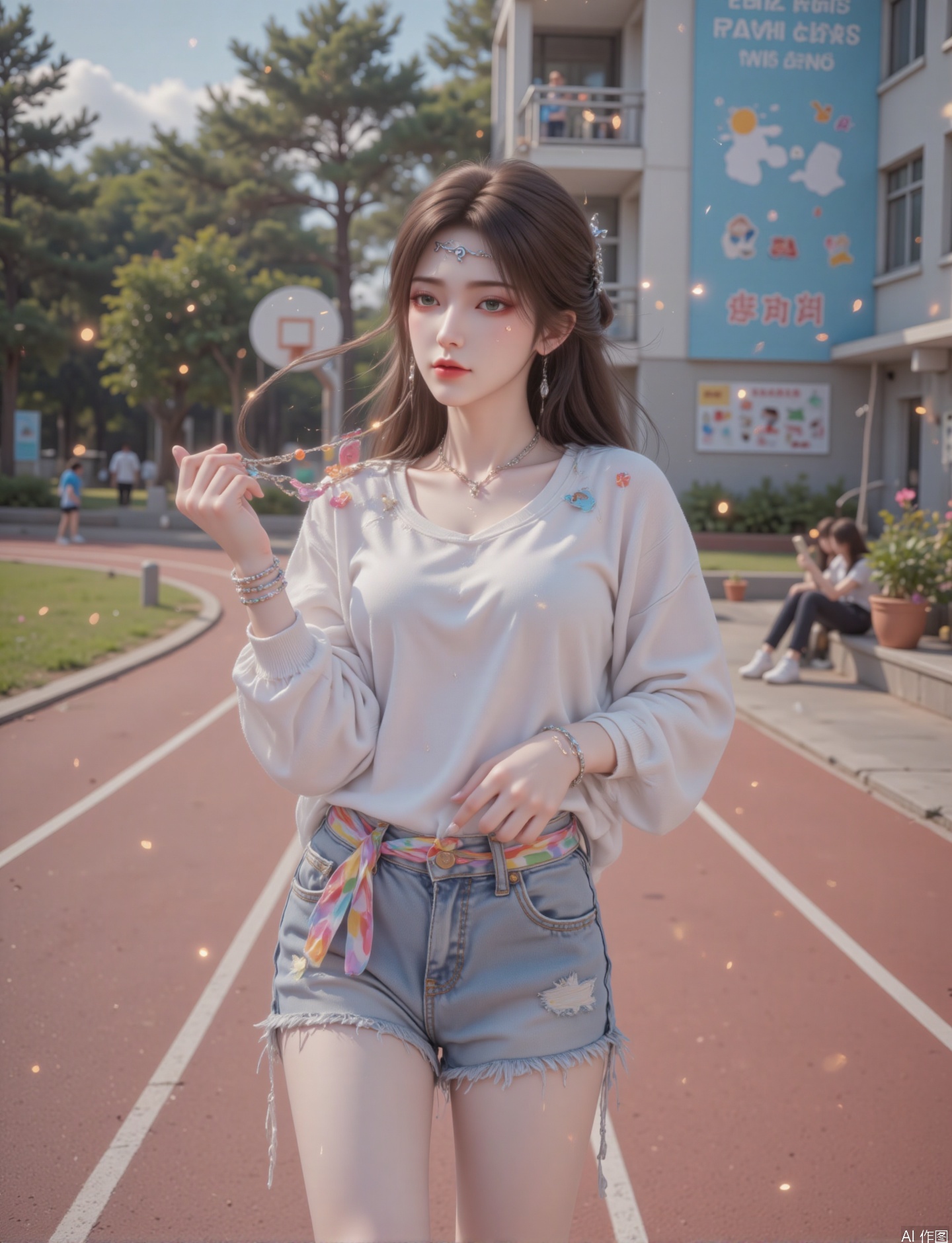 "Psychological drawing
A female idol was running on the playground track, her whole body was as light as a jumping deer - she strided forward with her right leg just touching the ground, her left leg bent and raised back, and her knees were slightly raised; her right hand naturally swung to the waist, her fingers were hooked on the sports hairband, her left hand was raised to the top of her head, and her fingertips showed a "V" character, and the beaded bracelet between her wrists shook the rainbow-like light and shadow as she moved. Her makeup is clear and energetic, with a Korean-style watery texture, with peach-colored blush sweeping around the cheekbones, and delicate pearl highlights on the bridge of the nose and eyebrow bones, which are like a healthy blush just after running; the eyebrow shape is soft flat eyebrows, with a slightly shorter end of the eyebrows, and light gray eyebrow powder lightly swept out the flu; the eyebrow makeup is base with light golden eyeshadow, with champagne color superimposed on the head of the eyes and the lying silkworm, with curly and slender eyelashes brushed to create a "sun flower" effect, the end of the eyes is slightly raised, with a lively and playful feeling; the lip color is moist coral, and the peaks of the lips are painted with lip glazes in the same color, and neat teeth are exposed on the corners of the mouth, and the diapers are looming, showing the girl's vitality. The hair is a dark brown high ponytail, with a light golden end of the hair. A red checkered hair band is tied to the ponytail. A few strands of hair are stuck to the forehead by sweat. The ends of the hair are raised as they run, which is full of dynamic.
Clothing details
She was wearing an oversize white hooded sweatshirt with a length of her thigh to the middle of her thighs, with an old bristle design on the cuffs and the edges of the hat. She wore a short gray sports vest inside, with a slim waist on the edge of the vest; the bottom was a high-waisted blue denim skirt with irregularly tailored to reveal slender leg lines, and a silver chain belt was tied around her waist, with the end of the chain hanging on the outside of the thigh, echoing the drawstring metal head of the sweatshirt. He was wearing a pair of white thick-soled sneakers, with colorful ink splashing patterns on the sides, a piece of black sports socks exposed at the ankles, and the mouth of the socks was printed in Korean pinyin (fan support speech); four bracelets were stacked on his left wrist: silver star chains, colorful silicone bracelets, pearl chains, and leather hand straps engraved with a combination of LOGOs. He wore a simple smiling face ring on his right ring finger, and the ring face flashed in the sun. She had a small black nylon bag cross-body, with several cartoon badges on the strap (one of which was her personal perimeter) on her waist, and a colorful sports towel tied to her waist, and the tassels on the edge of the towel swayed gently as she ran.
Light and shadow and atmosphere
The noon sunlight shines between the sycamore tree crowns above the playground, forming mottled spots on the characters - the white sweatshirt is illuminated into a warm gold color, the blue of the denim skirt appears deep in the shadow, the light and shadow on the face are soft and even, and sweat reflects tiny spots of light on the forehead and neck. The red track lines at her feet are clear, the basketball rack and horizontal bars in the distance cast long shadows in the sun, the walls of the teaching building in the background are painted with light blue latex paint, and several pots of green plants are placed on the windowsill, and the leaves are gently shaking in the wind. The fragrance of grass and the faint smell of the plastic track floated in the air. The cheers of juniors and the "bang" sound of basketball hitting the ground came from a distance, creating a campus scene full of youthful atmosphere, as if it was a "living picture without dead corners" captured by idols when they participated in campus activities.
Art style and lens angle
It adopts a style that combines high-definition and fresh sports style with Korean pictorial sense. The picture quality is bright and sharp, and the tone is biased towards high-saturation colors of white, blue and red, emphasizing the watery and light feeling of the skin and the dynamic tension of the limbs. The camera is framing at a low angle, extending from the feet to the top of the head, extending the proportion of the legs, showing the vitality of the whole body; the background teaching building, sycamore and playground facilities are blurred with shallow depth of field, retaining only the blurred outline and color, and the focus is accurately locked on the character's facial expressions, body dynamics and clothing details. The close-ups of the partially such as the plaid texture of the hairband, the ink splashing pattern of the sneakers, and the layering of the bracelets strengthen the visual details through delicate brushstrokes, allowing the viewer's eyes to naturally be attracted by the charm of "invincible youth".
Background scene
The background is a typical Korean-style campus playground, with a red plastic runway surrounding the green lawn, tall sycamore trees planted on the edge of the lawn, and a propaganda banner for student clubs (fuzzy Korean slogans). The teaching building behind the character has large glass windows, reflecting the blue sky and white clouds, and sports meeting posters and student works are posted on the bulletin board downstairs. On the far side of the right are several students sitting on the steps, holding mobile phones or cheering cards in their hands, and their vague figures suggest that this is a public campus event. The overall background is mainly composed of simple campus elements, with fresh and bright colors, forming a harmonious color combination with the white, blue and red of the characters' clothing, which not only retains the realism of the scene, but also makes the subject the absolute focus of the picture, highlighting the affinity image of the idol "campus goddess". "