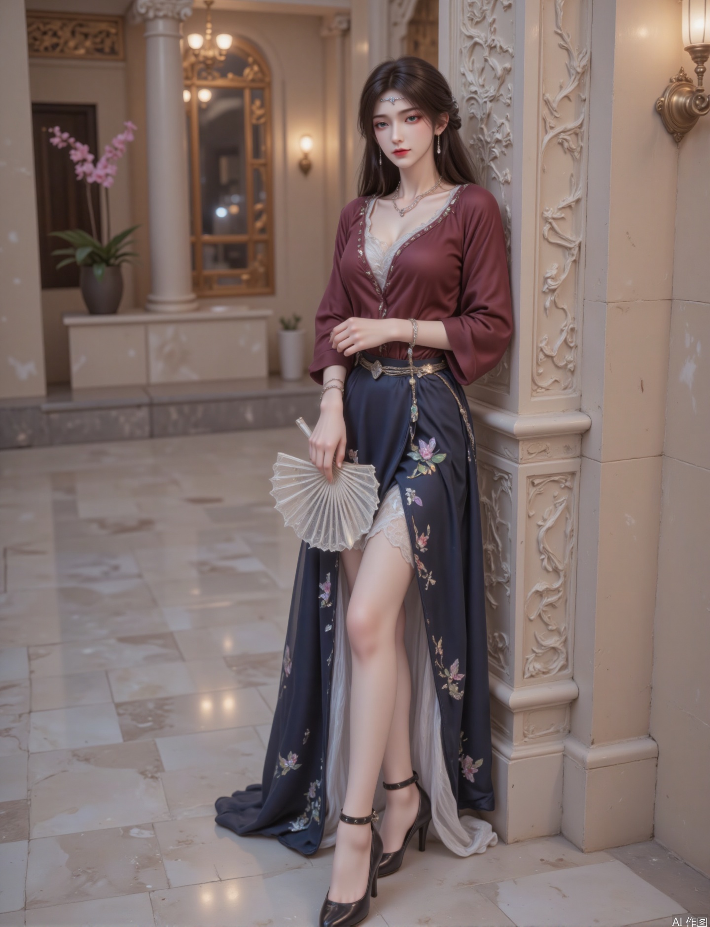 30-year-old Middle Eastern woman with wheat-colored satin skin. Long black hair combed Persian princess, braided hair and silver chains, and three pearls hanging on the ears. Makeup: dark brown eyebrows raised, golden pearl eye makeup, wine red lips, and cheekbones swept bronze. He leaned on the carved pillar sideways, held the hem of the skirt in his right hand, held the lace folding fan in his left hand, smiled gently, and stretched the lines of his neck and shoulders.
Clothing details
Burgundy satin deep V shirt (silver iris), hidden blue velvet fishtail skirt (dark floral + ribbon belt), white silk petticoat inside. Double-layer pearl emerald necklace, crescent diamond earrings, sapphire ring. Black satin pointed toe heels (6cm heel + sapphire embellishment).
Light and shadow and atmosphere
The crystal chandelier on the upper right is mainly cold white light, with soft light on the left face, slight shadow on the right, and cold light outlined on the hair. Beige marble wall + gilded carved windows, contrast between cold and warm light, 3%-5% grainy, luxurious and cool atmosphere.
Art style and lens
Realism + Oriental aesthetics, 135mm telephoto lens, medium and close-up composition (2/3 of the characters), slightly upside down 1.5° prominent posture, background blurred retains the column/gilded window outline.
Background scene
Inner courtyard of Byzantine Palace: marble carved columns, gilded carved windows (peacock orchid on the platform), light gray marble floor, and bronze wall lamps (alloped gypsum lampshade) in the distance.